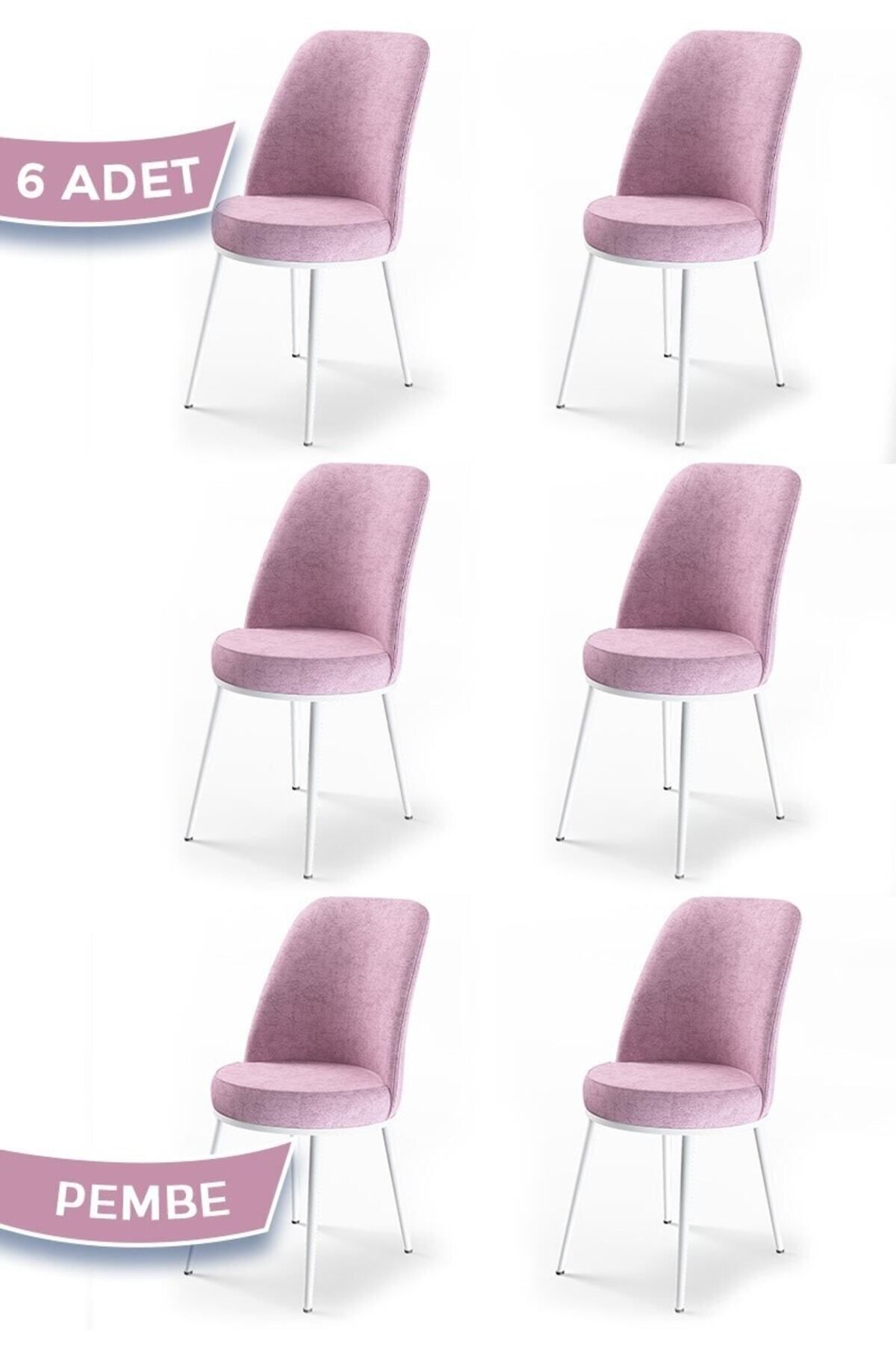 Canisa Dexa Serisi, Üst Kalite Mutfak Sandalyesi, 6 Adet Pembe Sandalye, Metal Beyaz Iskeletli