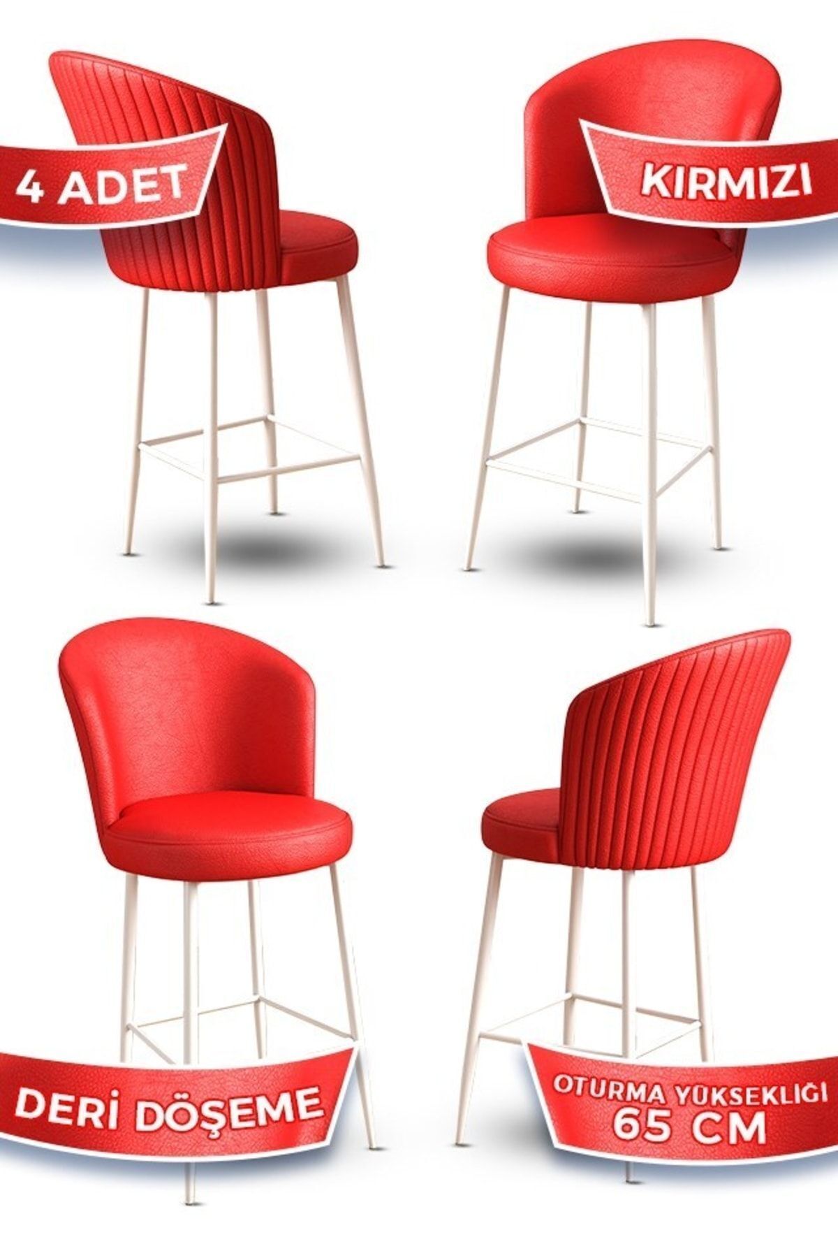 Canisa Rika Serisi 4 Adet Kırmızı 65 Cm Deri Bar Sandalyesi Beyaz Metal Ayaklı Ada Mutfak Bar Sandalyesi
