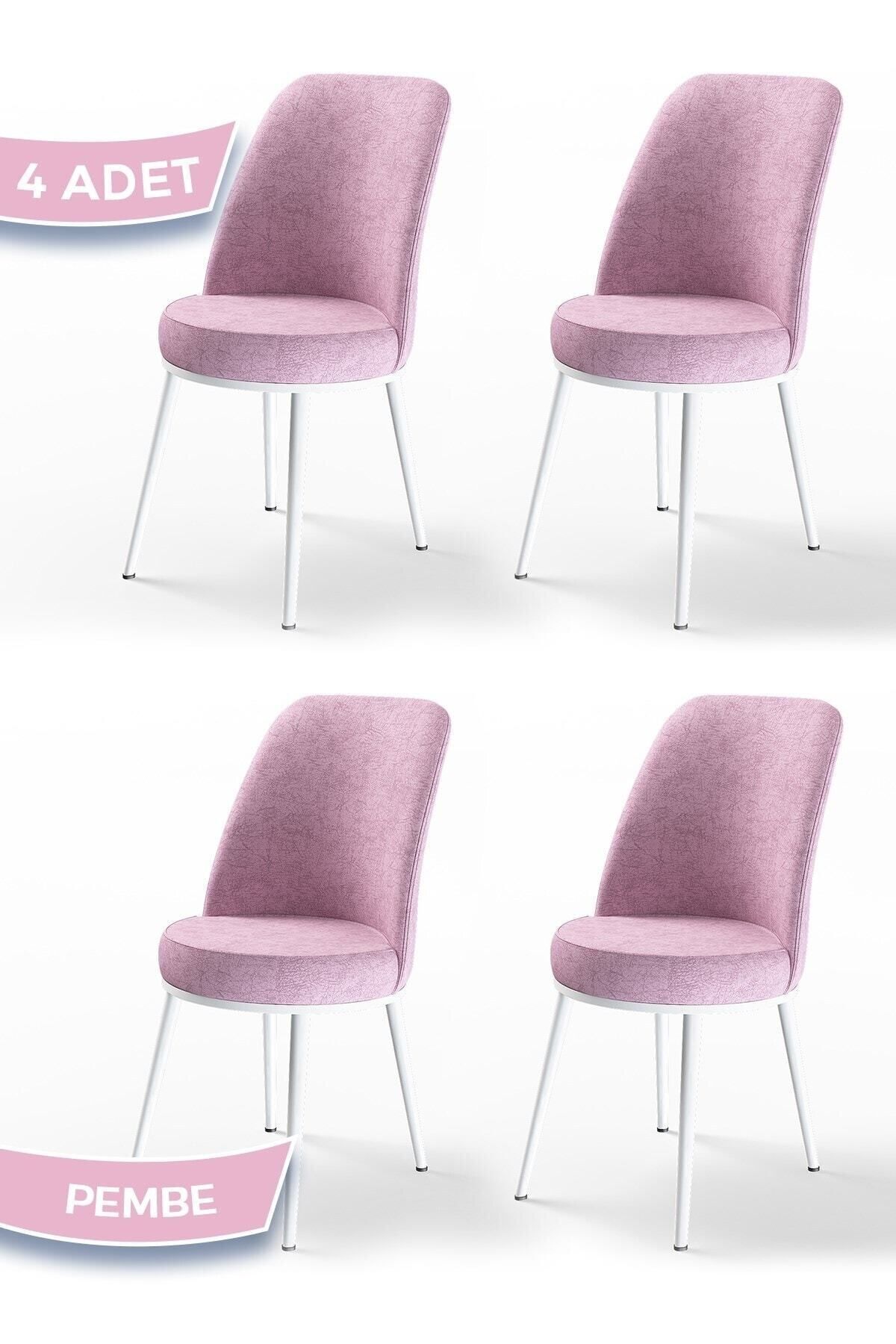 Canisa Dexa Serisi, Üst Kalite Mutfak Sandalyesi,4 Adet Pembe Sandalye, Metal Beyaz Iskeletli