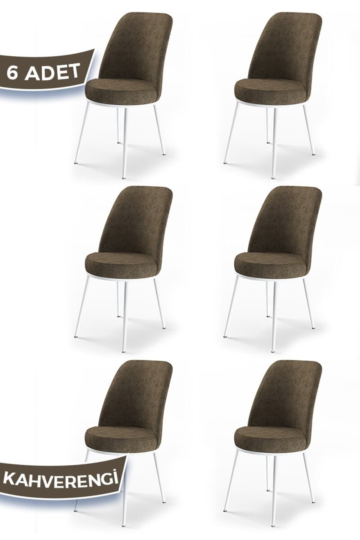 Canisa Dexa Serisi, Üst Kalite Mutfak Sandalyesi, 6 Adet Kahve Sandalye, Metal Beyaz Iskeletli