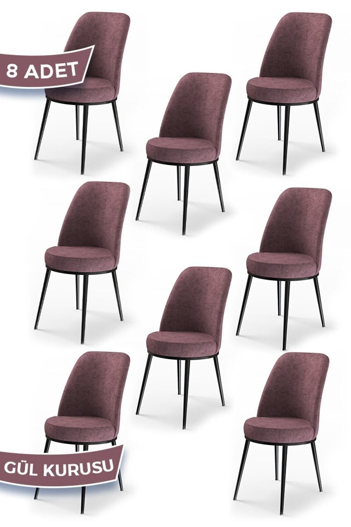 Canisa Concept Dexa Serisi, Üst Kalite Yemek Odası Sandalyesi, Metal Siyah Iskeletli, 8 Adet Gülkurusu Sandalye