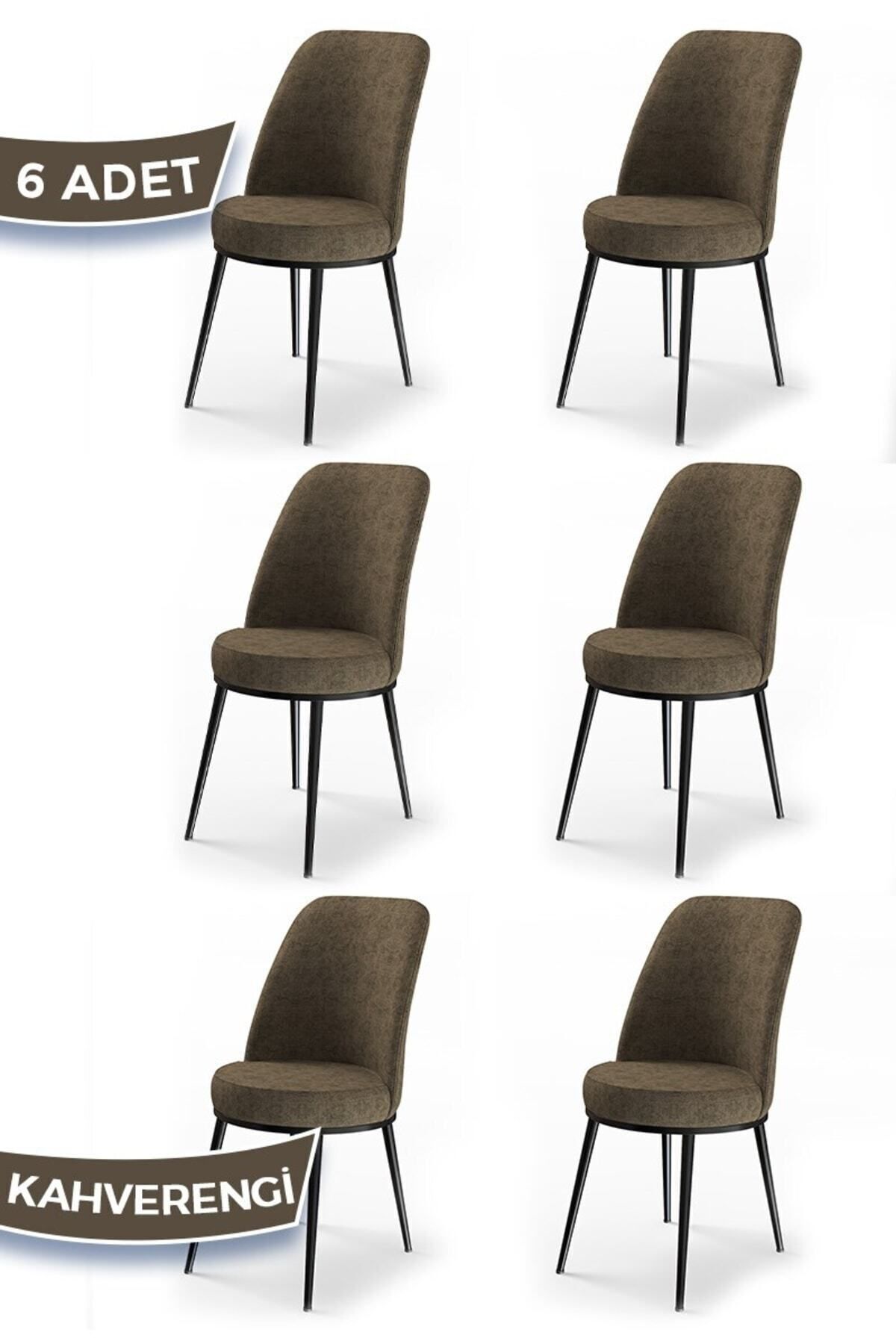 Canisa Dexa Serisi, Üst Kalite Mutfak Sandalyesi, 6 Adet Kahve Sandalye, Metal Siyah Iskeletli