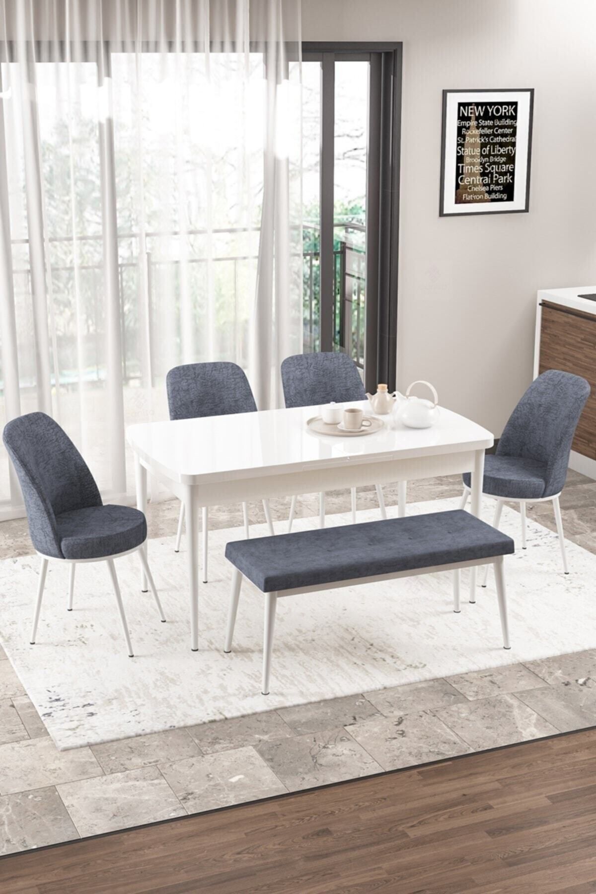 Canisa Concept Via Serisi Beyaz Mutfak Masası Takımı Beyaz Ayak 4 Füme Sandalye Ve Füme Bench