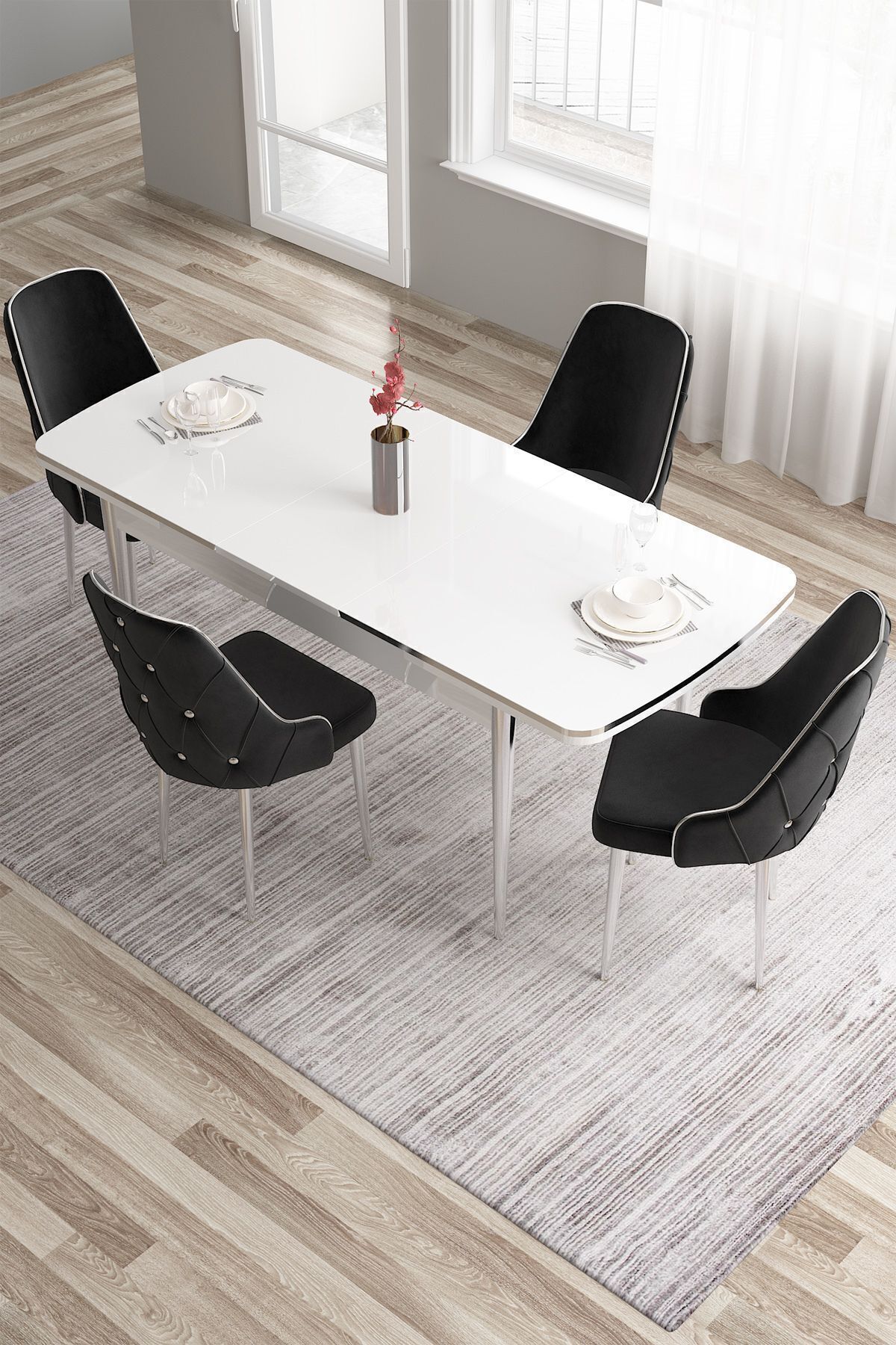 Canisa Tia Serisi, Beyaz Masa,80x132 Açılabilir Mdf Yemek Odası Takımı 4 Siyah Sandalye Gümüş Detay