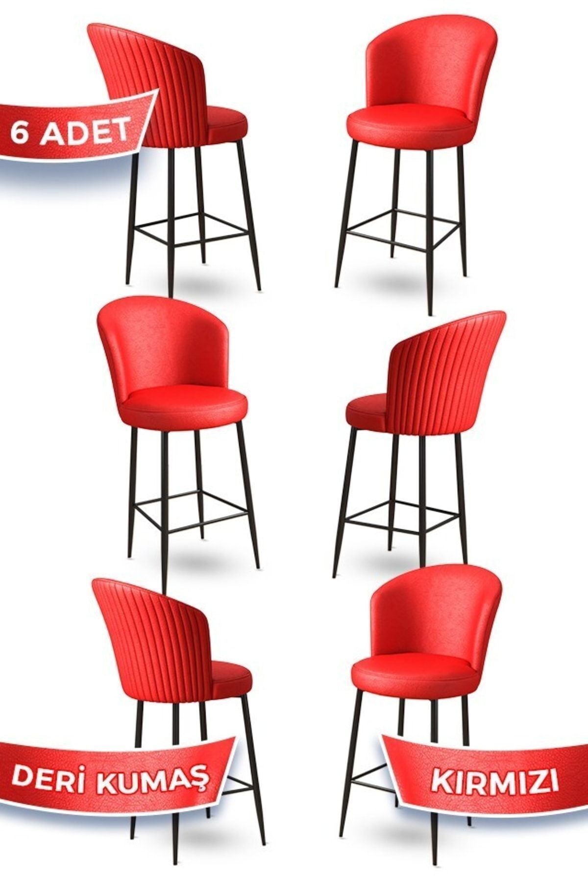 Canisa Rika Serisi 6 Adet Kırmızı 65 Cm Deri Bar Sandalyesi Siyah Metal Ayaklı Ada Mutfak Bar Sandalyesi