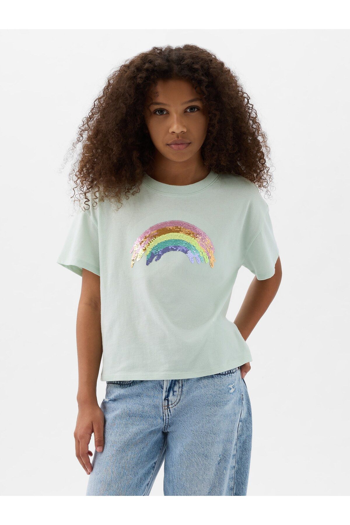 GAP Kız Çocuk Yeşil Pullu Flippy Grafikli T-Shirt