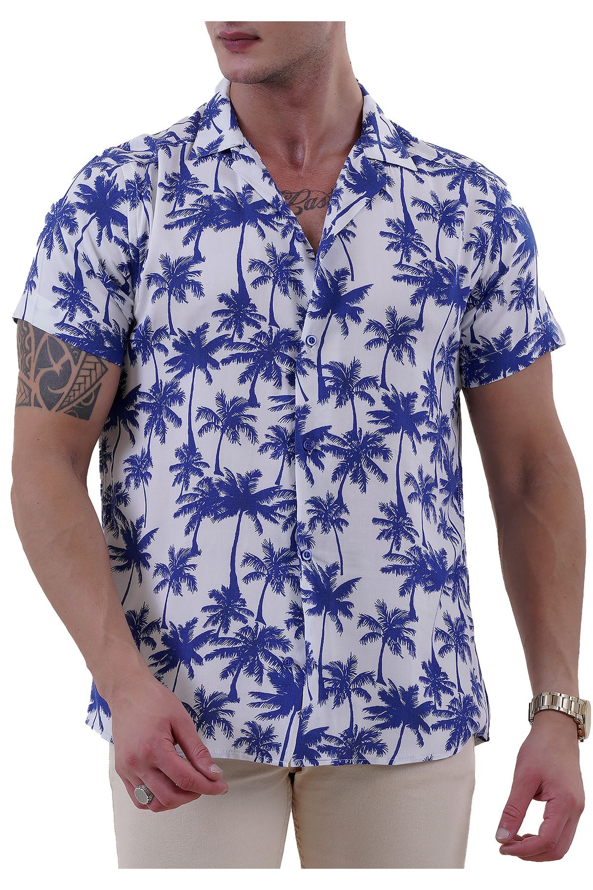 Exve Exclusive Beyaz Üzerine Mavi Hawaii Palmiye Dijital Baskı Oversize Rahat Kesim Kısa Kollu Salaş Gömlek