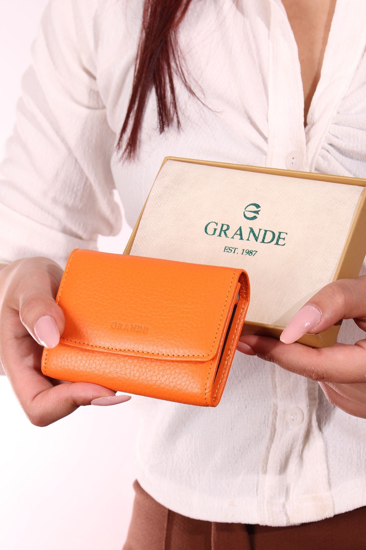 Grande 841 Unisex hakiki deri kartlık akordiyon cüzdan TURUNCU