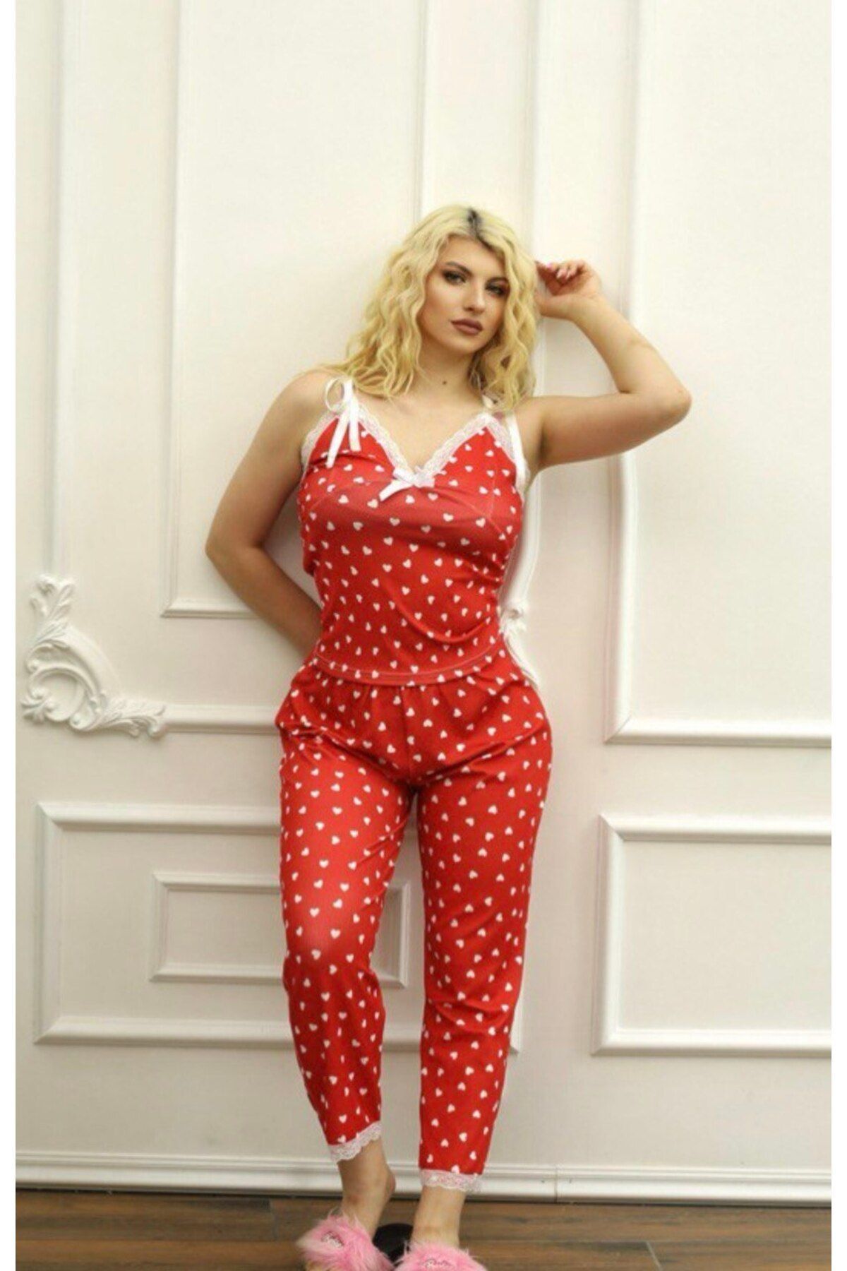 Cesur kırmızı kalpli fitilli kaşkorse kadın pijama takımı dantel detaylı kurdele bağlamalı