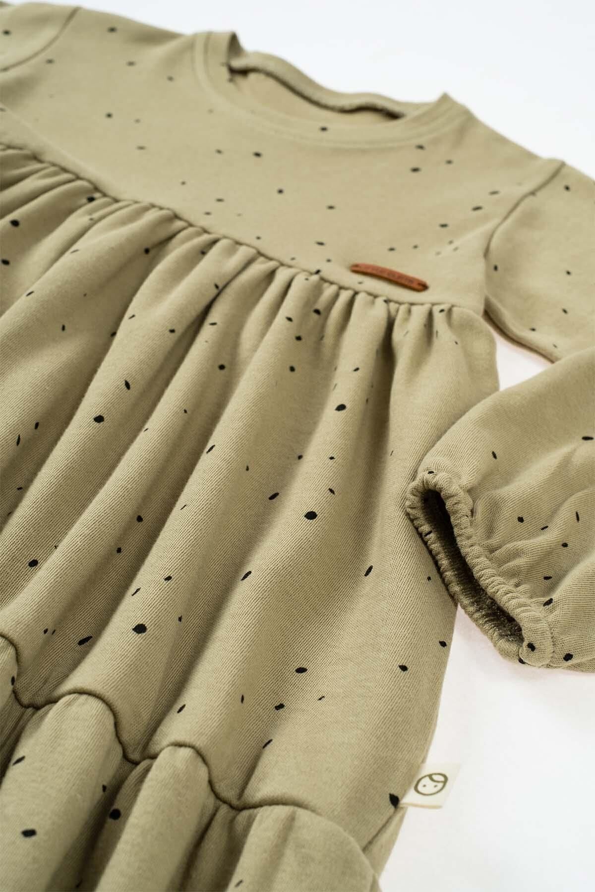 Little Gusto Uzun Kollu Katlı Elbise Bebek Cosmos Haki Organik Pamuk