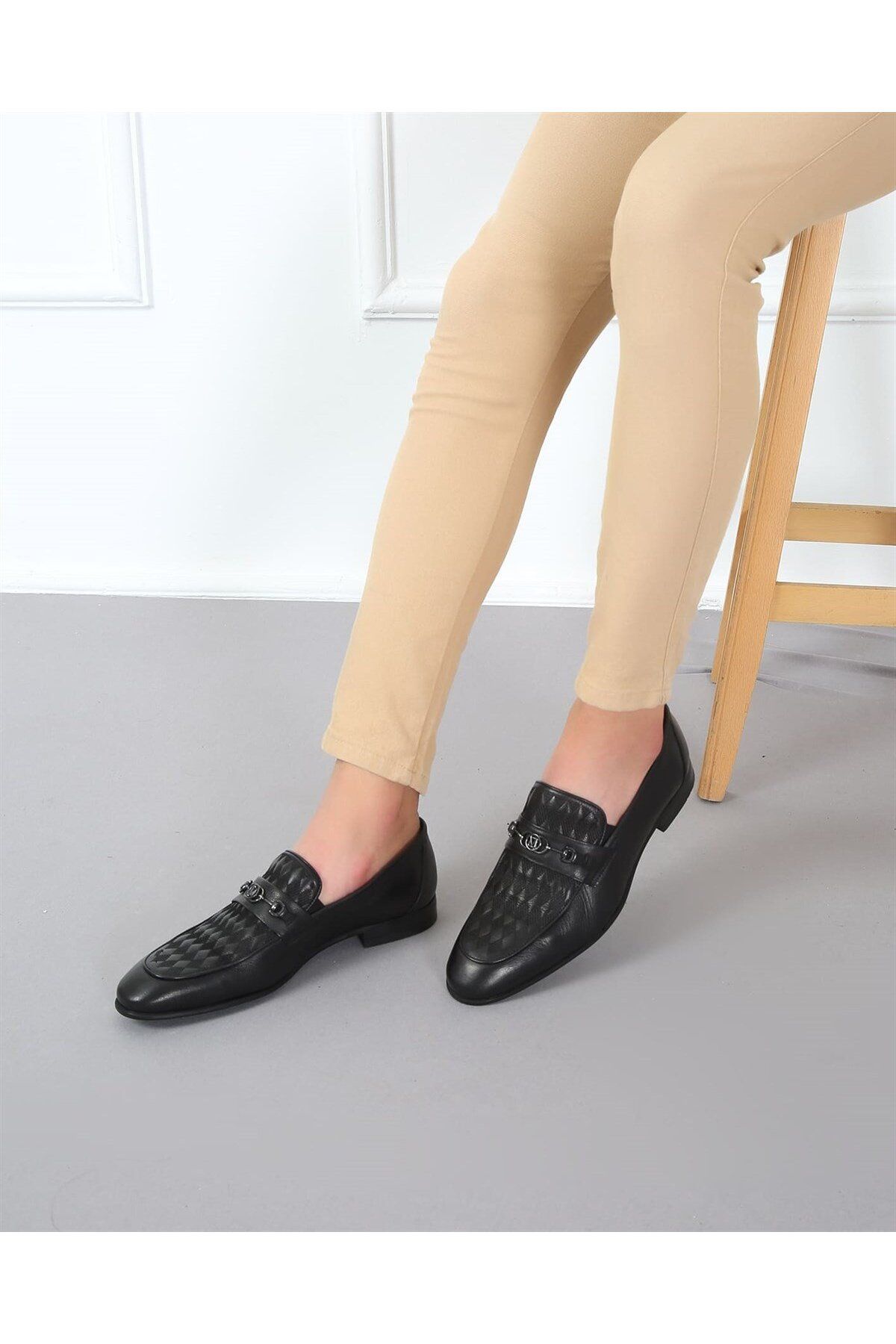 CassidoShoes Siyah Deri Lazer Baskı Kösele Enjeksiyon Taban Erkek Klasik Ayakkabı