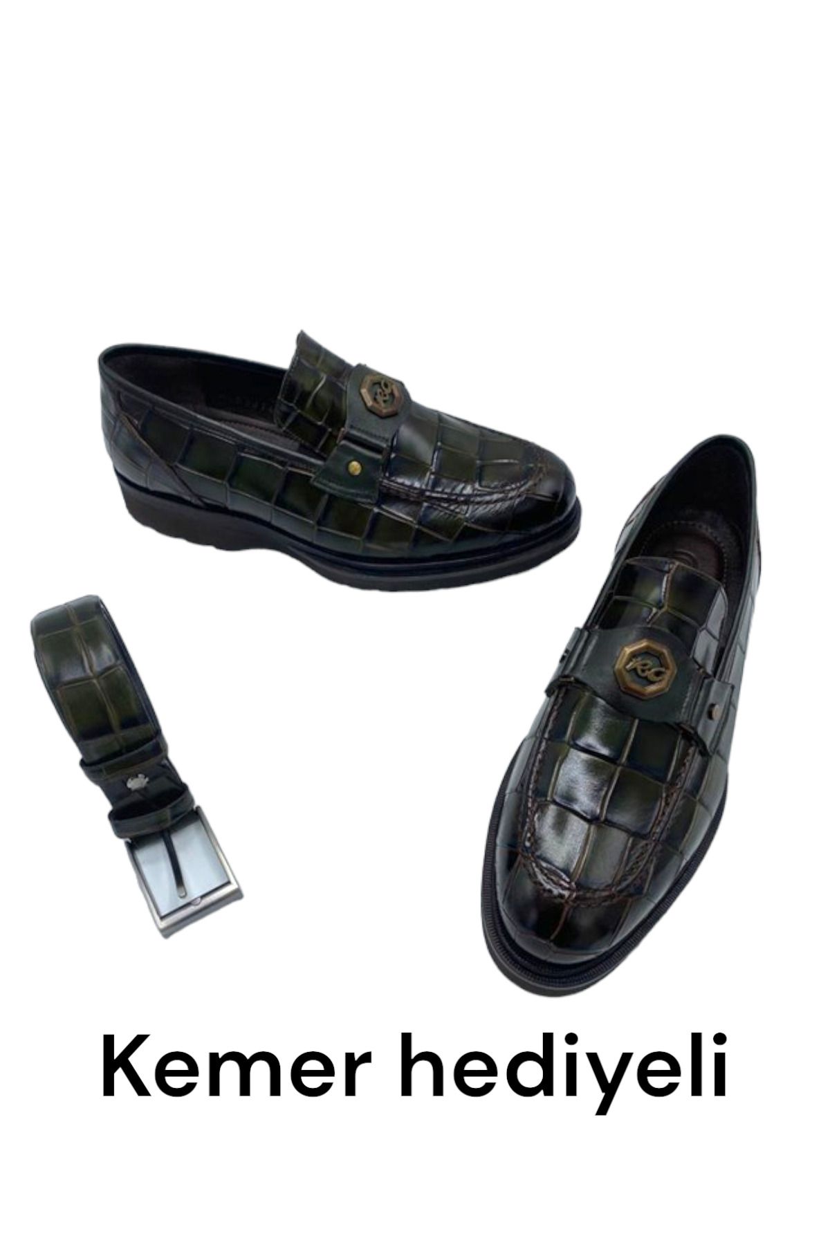 CassidoShoes 023-60014 Deri Kroko Baskılı Eva Taban Erkek Haki Klasik Ayakkabı 023-60014
