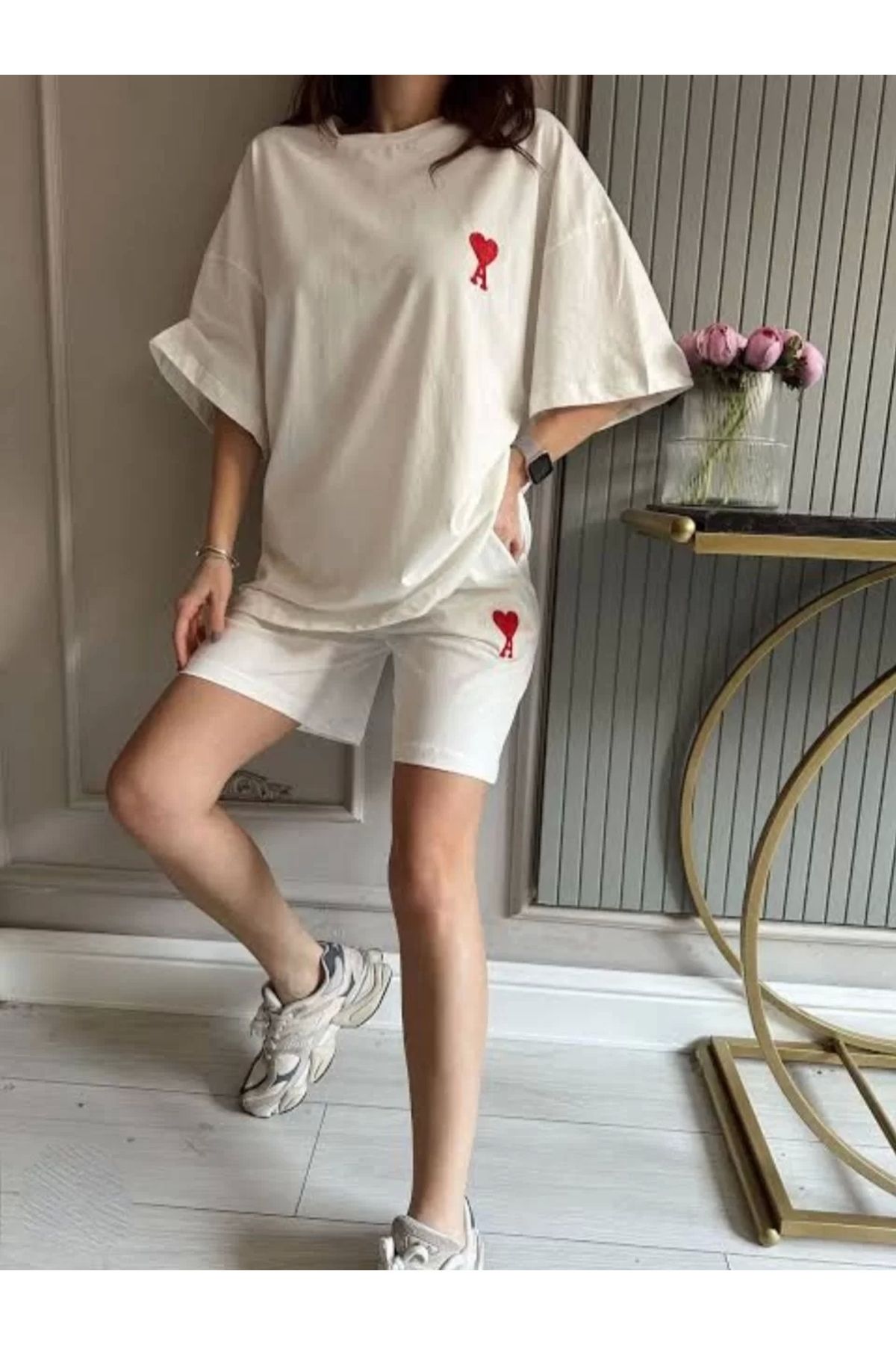 Genel Markalar Unisex Baskılı Şortlu Oversize Takım - Beyaz