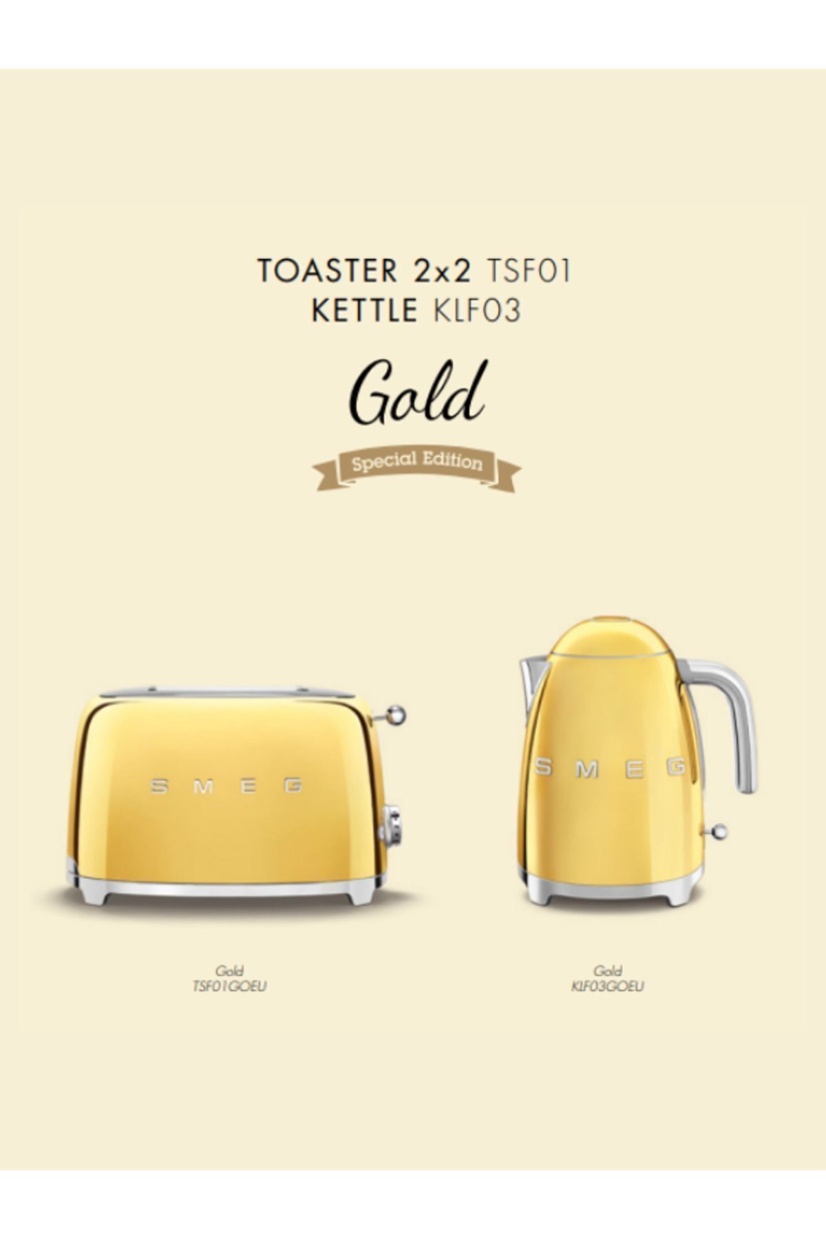 Smeg 50'S Style Special Edition Gold Kettle ve 1x2 Ekmek Kızartma Makinesi Seti