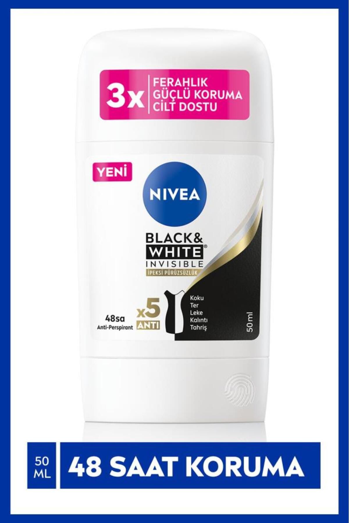 NIVEA Kadın Stick Deodorant Black&white Invisible Ipeksi Pürüsüzlük 50ml, Terkokusuna Karşı 48 Saat Koruma