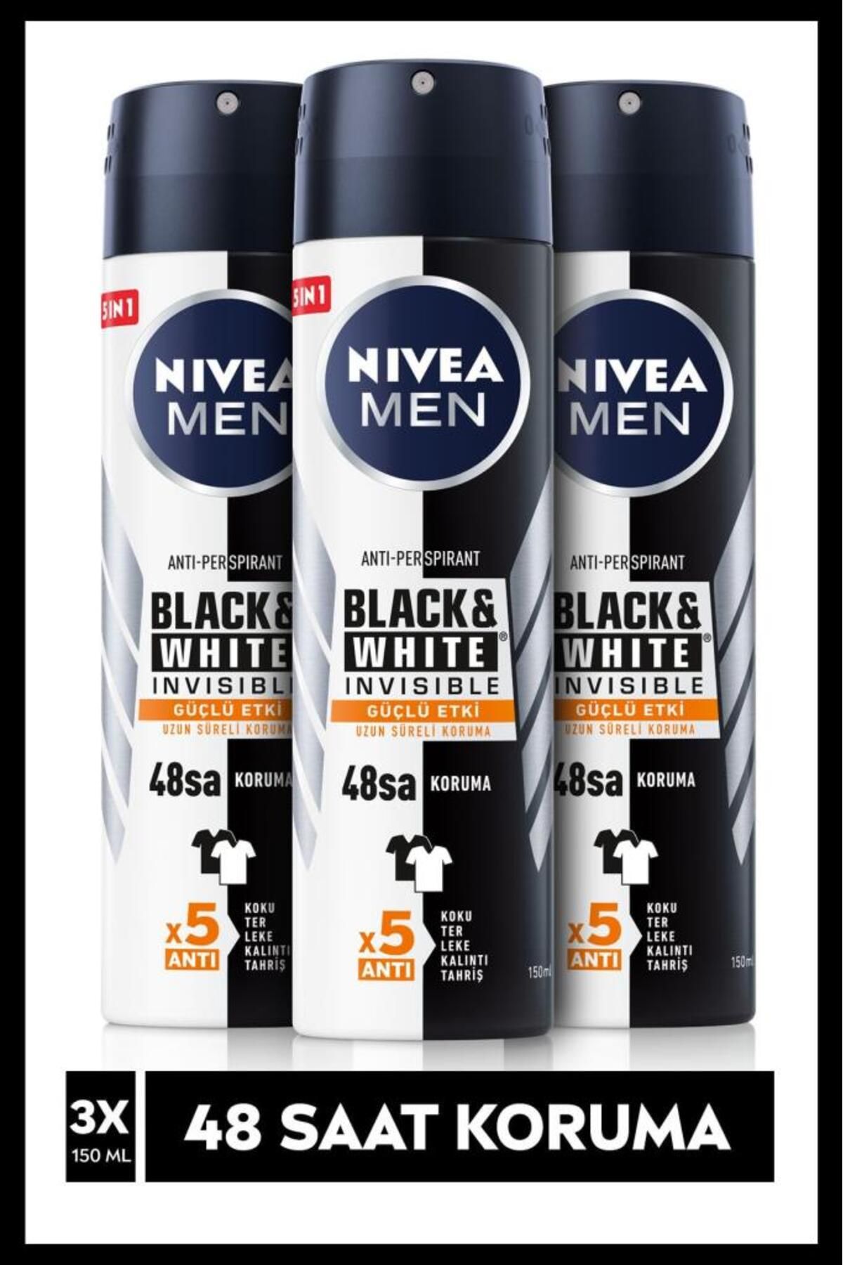 NIVEA Men Black & Whıte Invısıble Güçlü Etki Erkek Sprey Deodorant 150 ml X3
