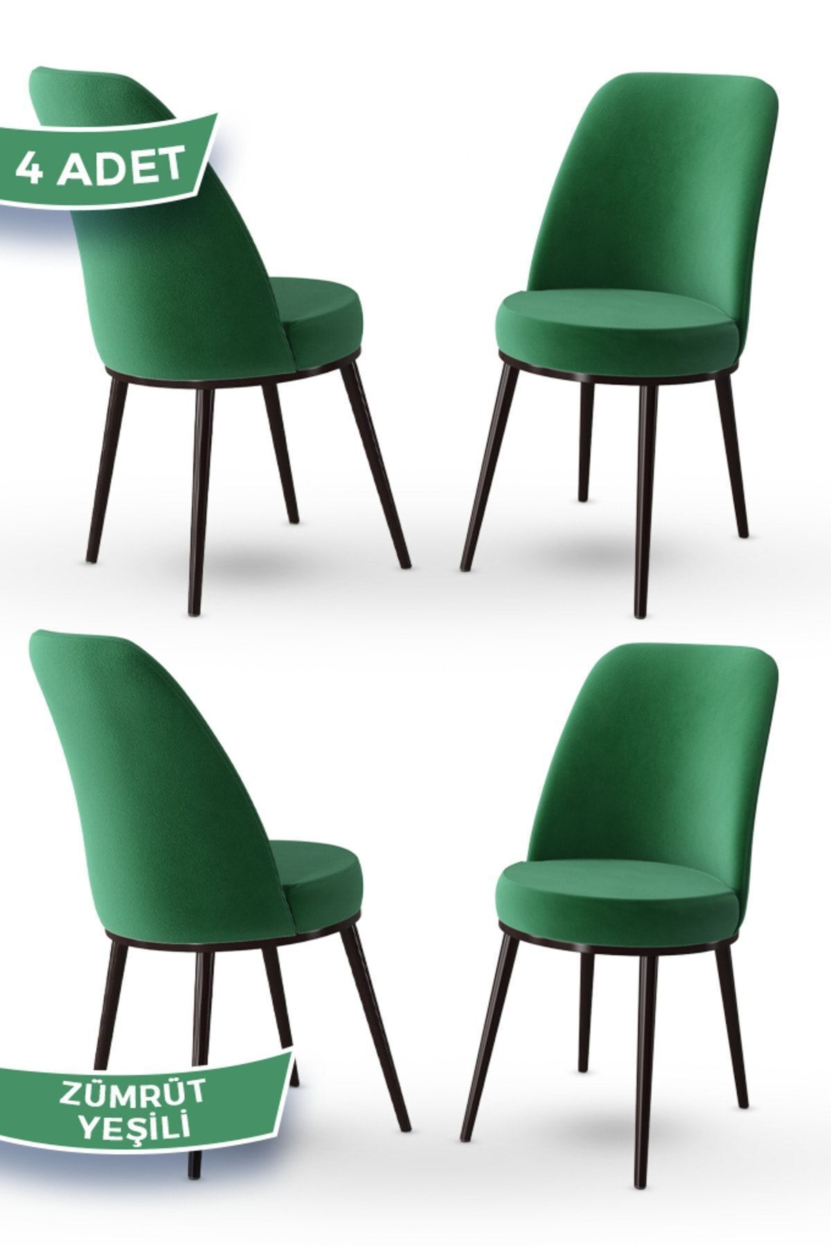 Canisa Jaxe Serisi 4 Adet Zümrüt Yeşili Metal Kahverengi İskeletli Yemek Odası Sandalyesi