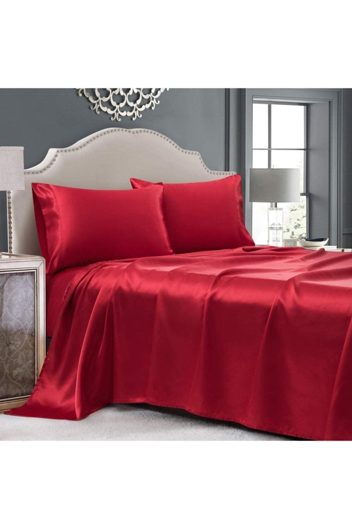 Tinybabyconcept Luxury Saten 4 Parça Çift Kişilik Nevresim Takımı 200x220 Cm Lastikli Çarşaf Kırmızı Renk