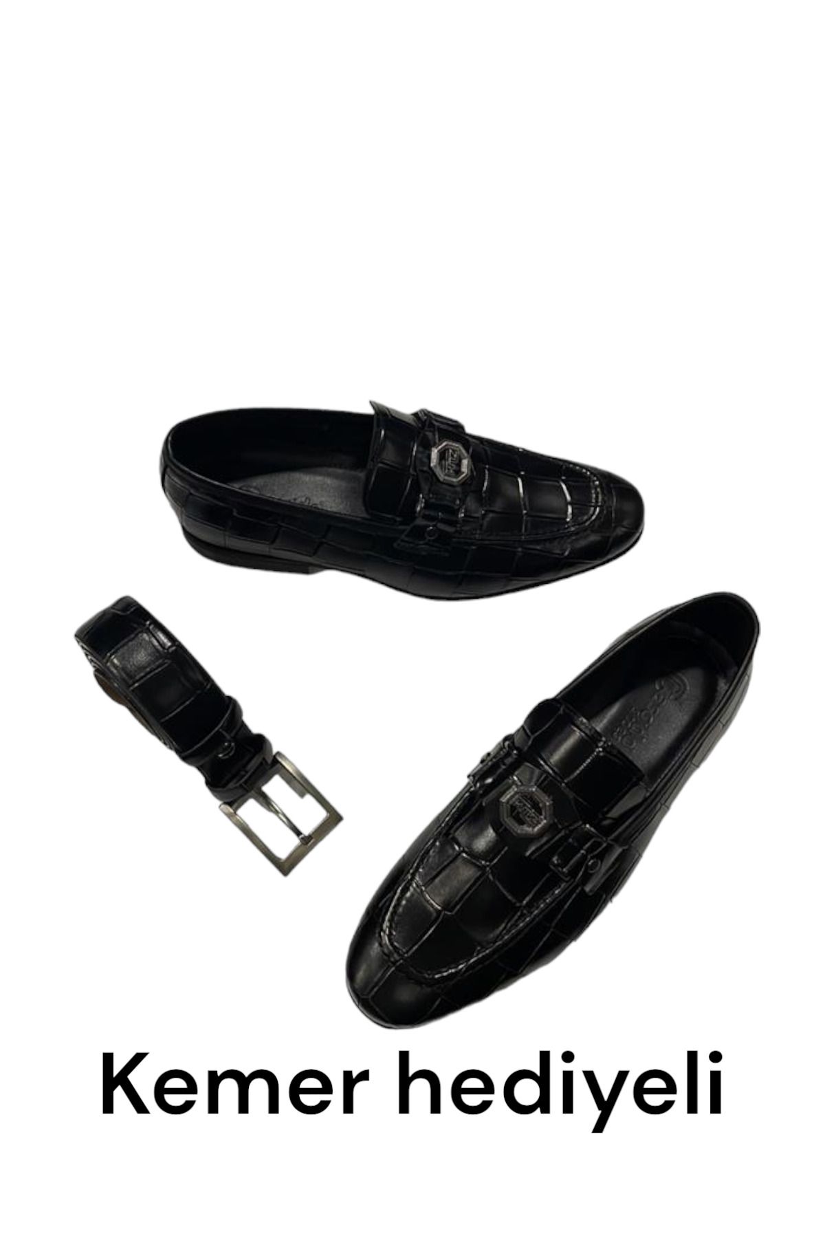 CassidoShoes Hakiki Deri Kroko Baskılı Erkek Siyah Klasik Ayakkabı Kemer Hediyeli 023-64240