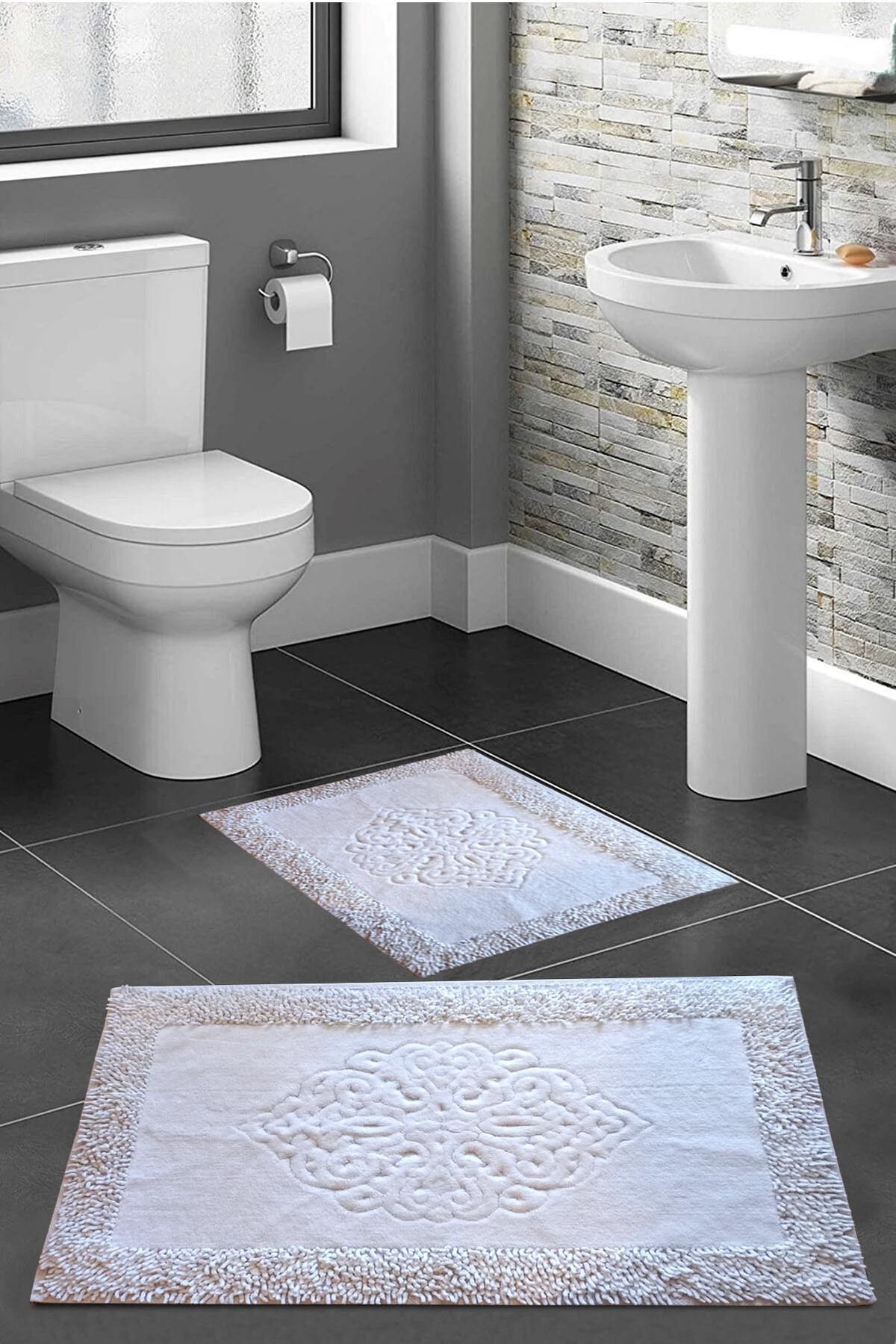 ALAADDİN CARPET Macoroni Beyaz 2 Li Set Banyo Halısı, Paspası %100 Doğal Pamuklu Cotton