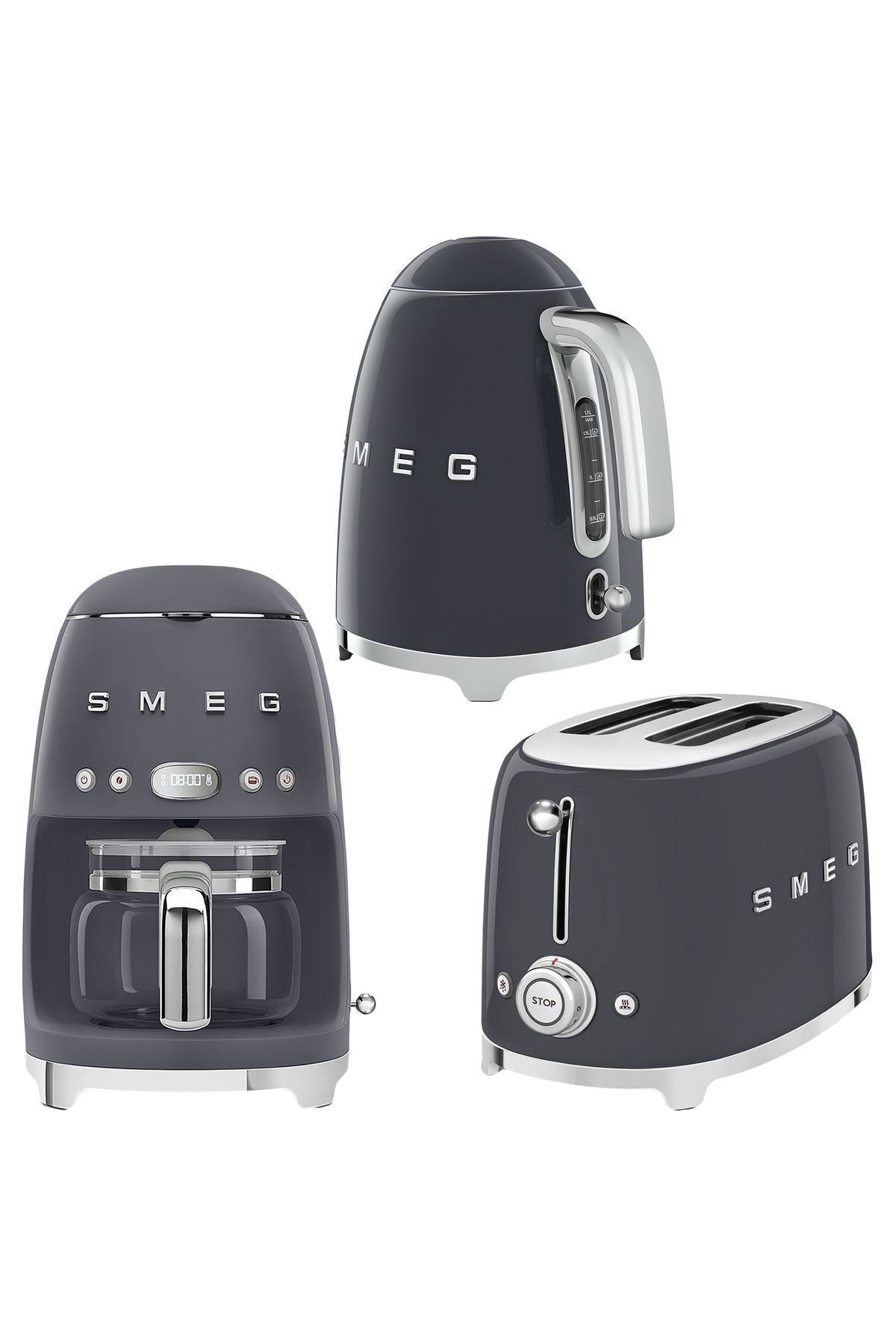 Smeg 50's Style Barut Gri Kettle - 1x2 Ekmek Kızartma Makinesi Ve Filtre Kahve Makine Seti