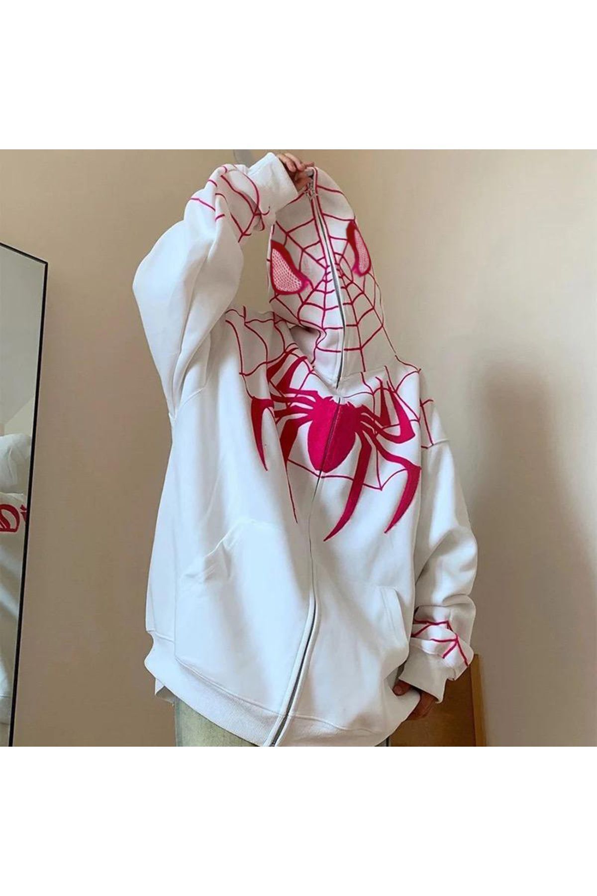 Köstebek Beyaz Spider-man Goth Fermuarlı (UNİSEX) Kapüşonlu Sweatshirt