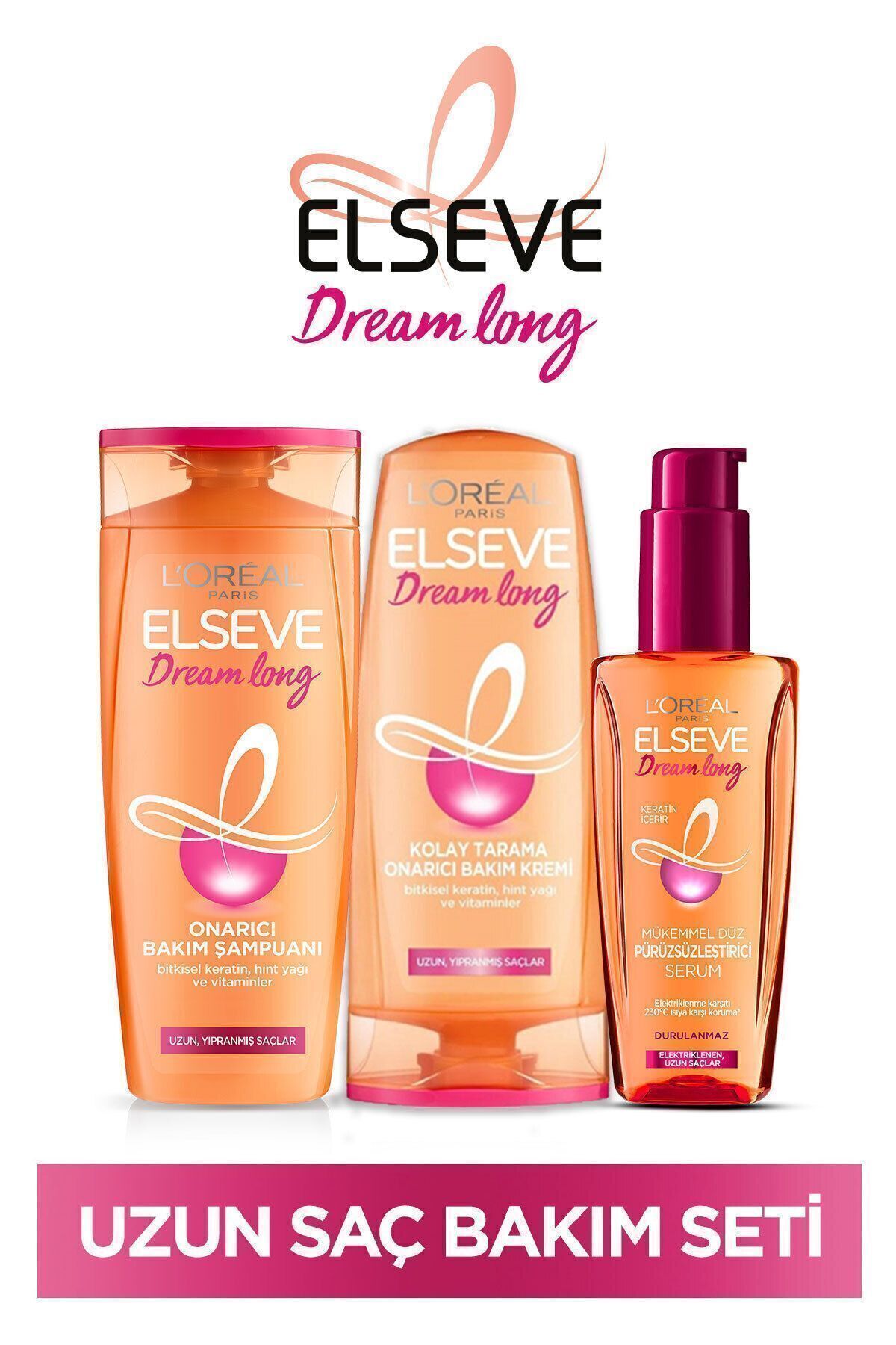 Elseve Dream Long Onarıcı Bakım Şampuanı 360ml & Saç Bakım Kremi 360ml & Mükemmel Düz Pürüzsüzleştici Serum