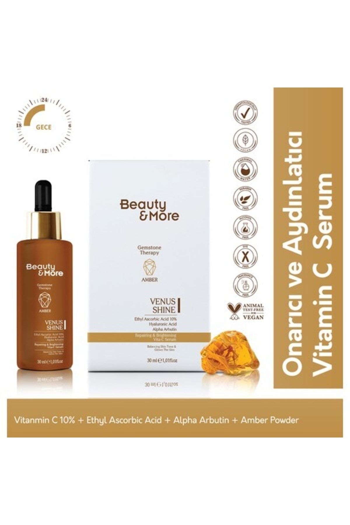 BeautyandMore Beauty&more Amber Venüs Shine Onarıcı Ve Aydınlatıcı Serum 30 Ml Vit C 10%+ Ethyl Ascorbic Acid + Al