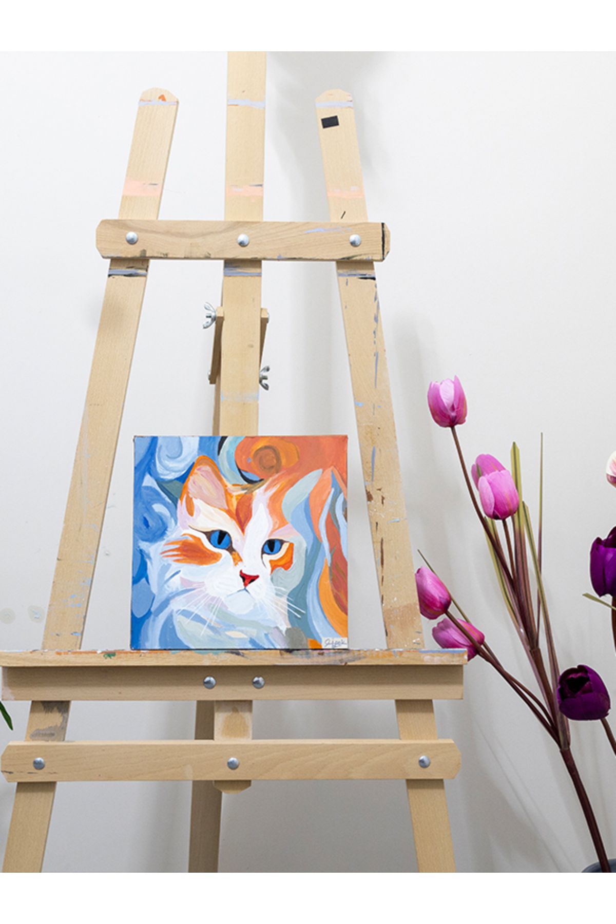 Hipnoz Medya ve Sanat Kedi Temalı Akrilik Boya İle Eşsiz Ressam Tablo Canvas 25 x 25 cm