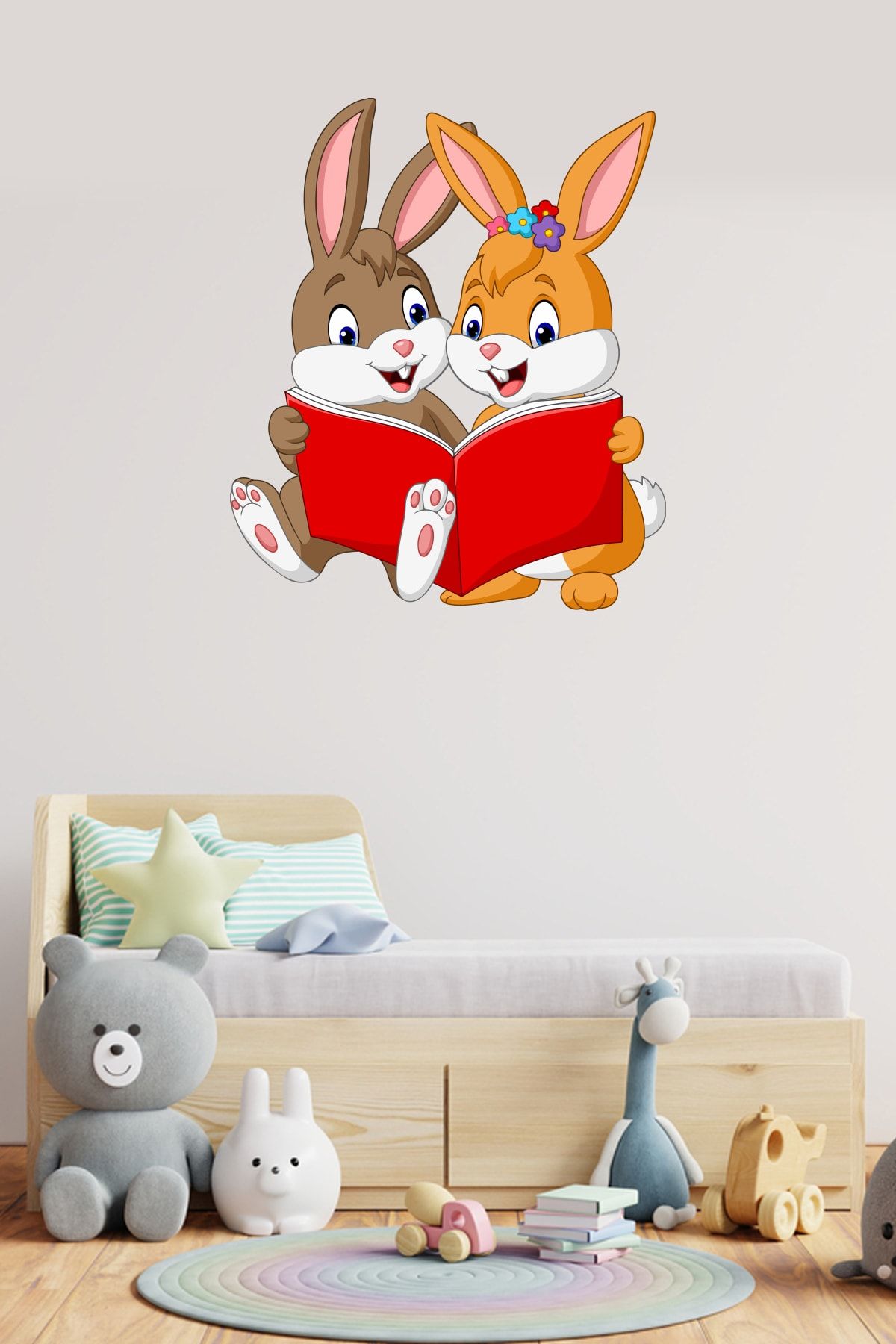 Echo Home Kitap Okuyan Sevimli Tavşanlar Duvar Sticker