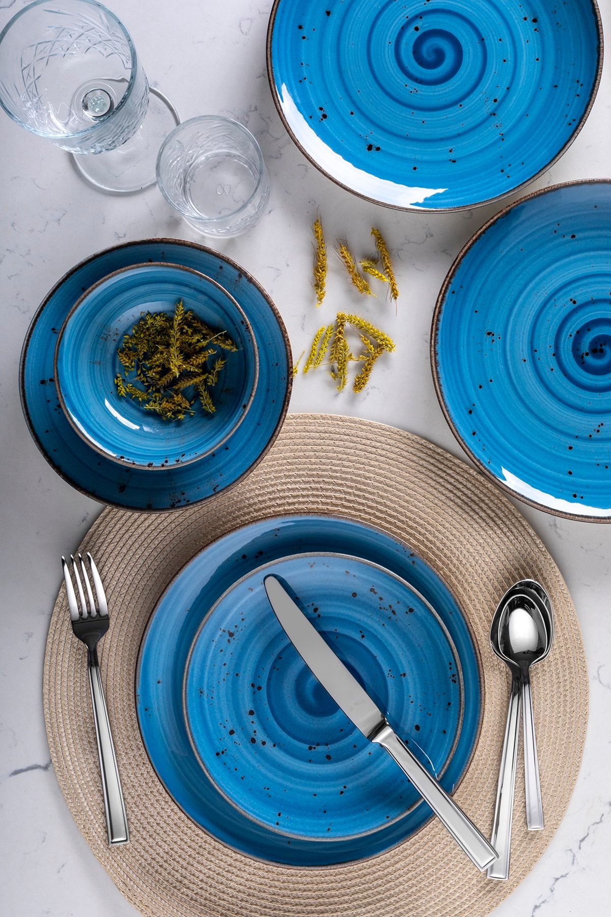 Tulü Porselen Reactiv Mavi 24 Parça Yemek Takımı
