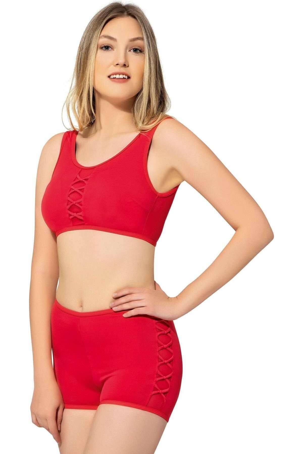 Argisa Kadın Tüllü Detaylı Şortlu Bikini Takımı Kırmızı