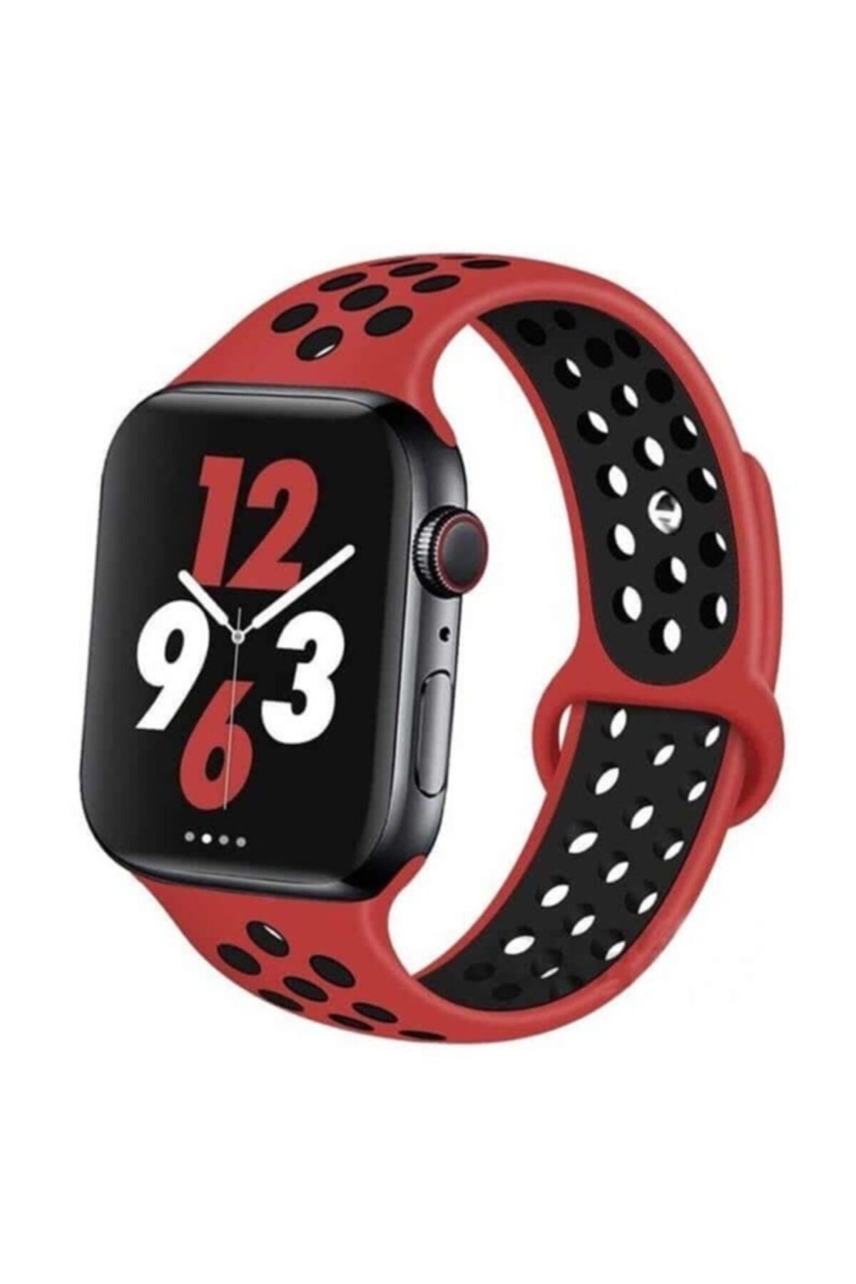 Teknoloji Gelsin Apple Watch 2 3 4 5 6 Se 42 44 Mm Uyumlu Kordon Delikli Spor Silikon Kordon Kayış - Kırmızı Siyah
