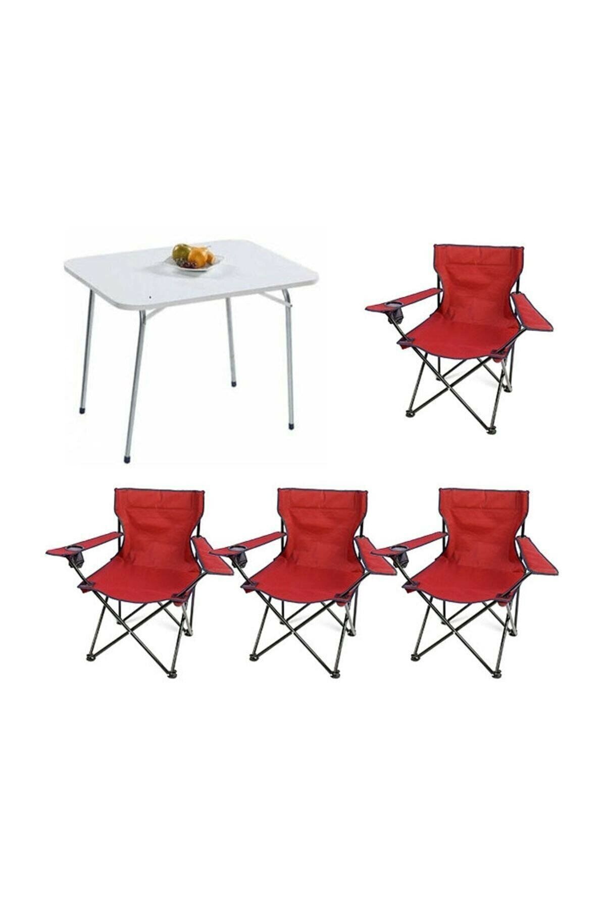 Mocca Style 60x80 Katlanır Beyaz Masa+4 Adet Kırmızı Rejisör Sandalyesi Katlanır, Sandalye Piknik Plaj San