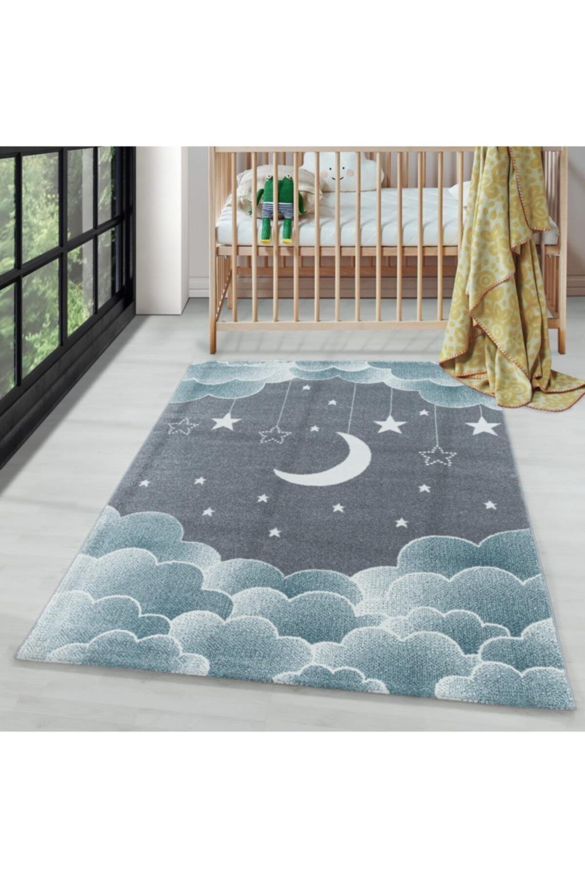 AYYILDIZ Çocuk Bebek Odası Halısı Bulut Ay Yıldız Desenli Mavi Gri Tonlarda