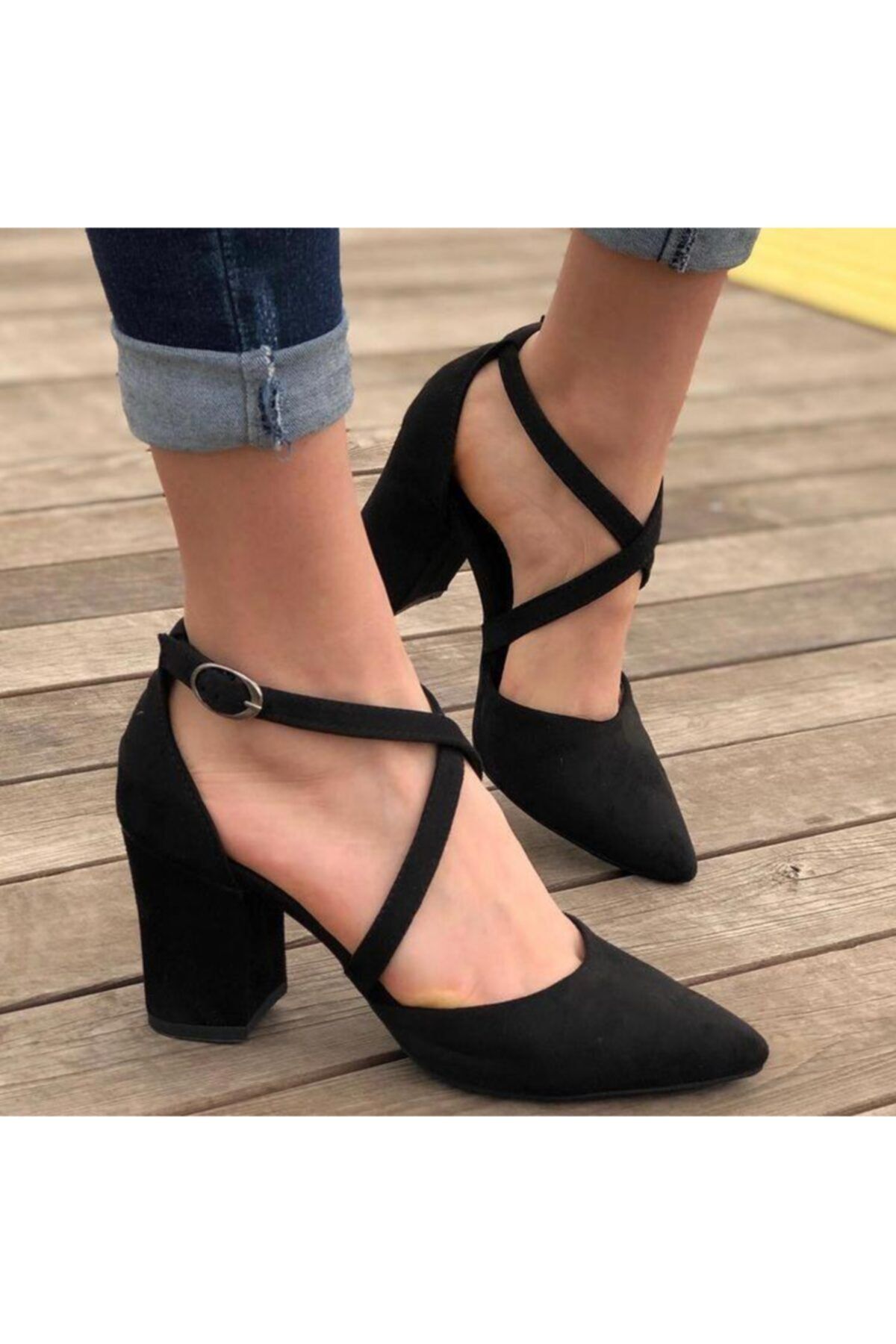 Demashoes Kadın Siyah Süet Çapraz Klasik Topuklu Ayakkabı
