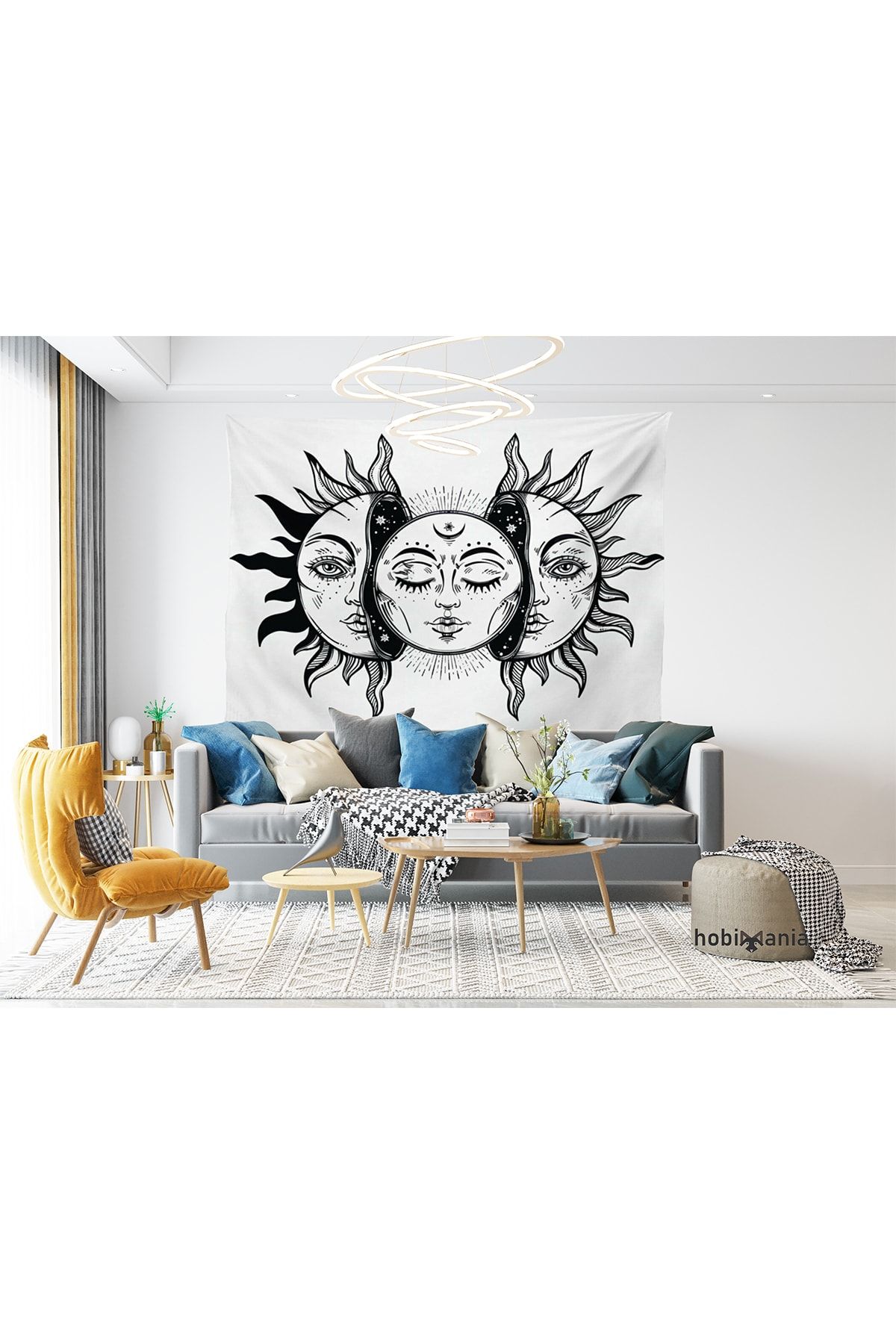 Hobimania Mandala Hint Güneş Siyah Beyaz Duvar Örtüsü 150x100 Cm Duvar Dekorasyon Moda