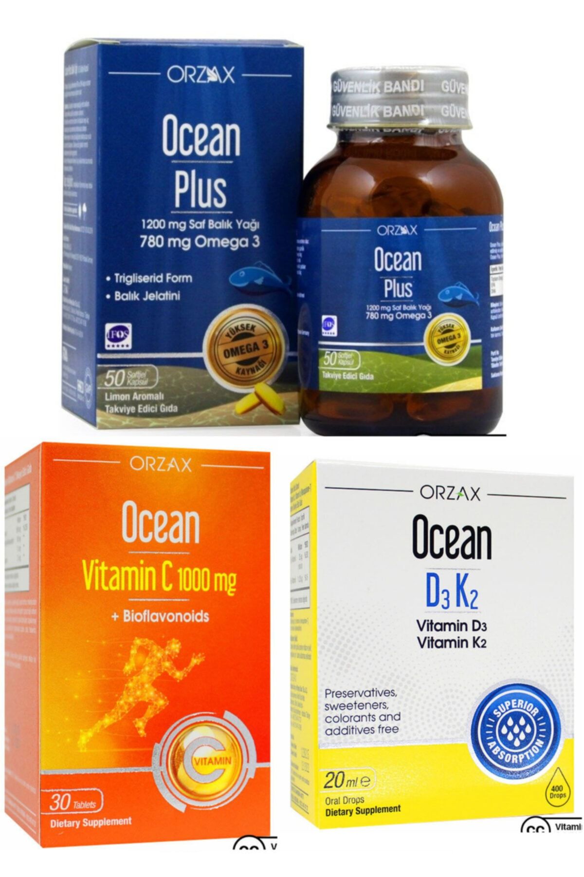 Ocean 1200mg Balık Yağı + 1000mg C Vitamini + D3k2 Vitamini Damla Avantaj Paketi
