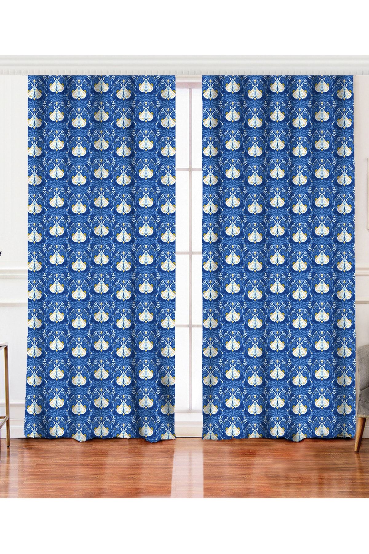 Realhomes Çift Kanat Mavi Zemin Kelebek & Çiçekli Özel Tasarım Dijital Baskılı Modern Fon Perde