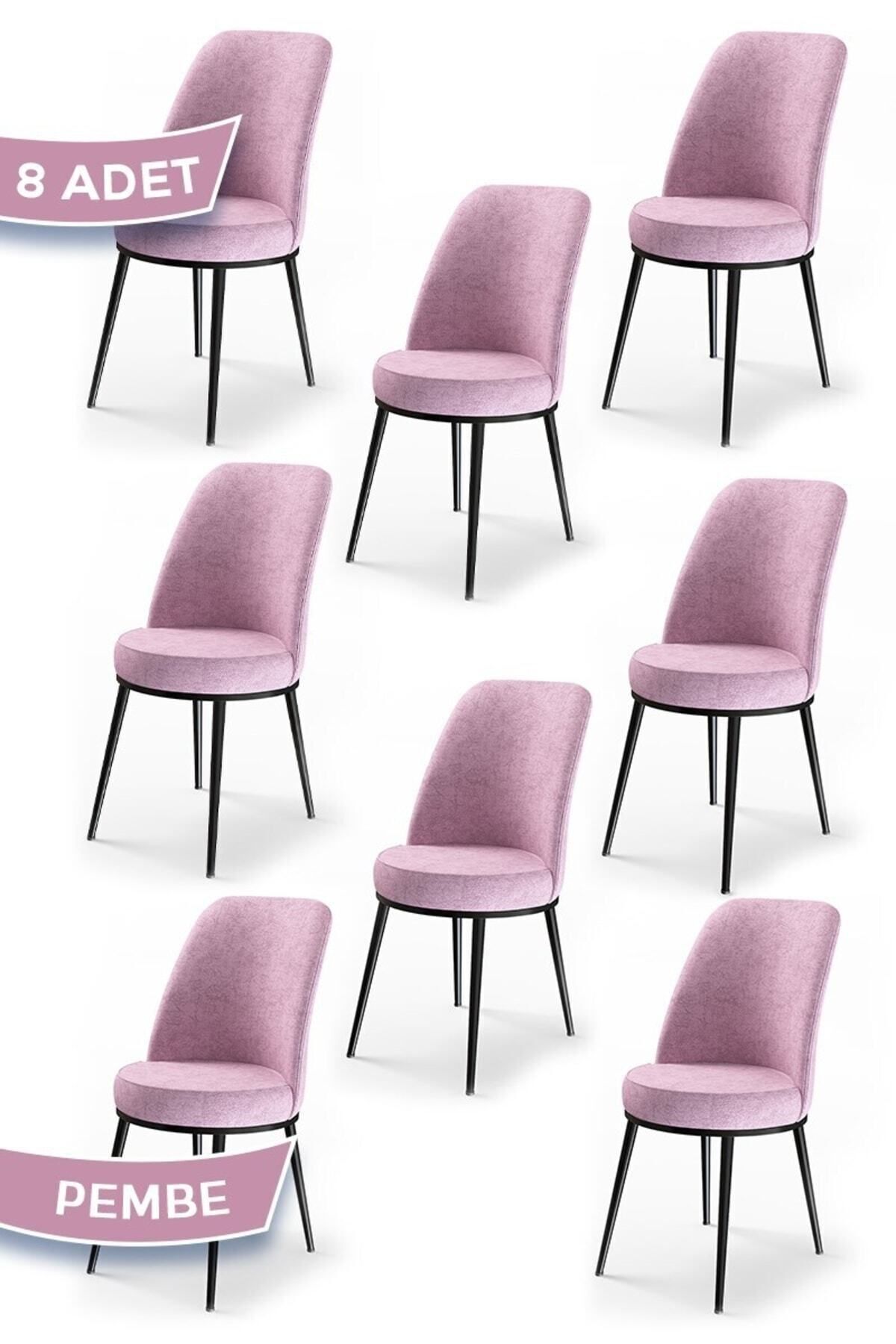 Canisa Concept Dexa Serisi, Üst Kalite Yemek Odası Sandalyesi, Metal Siyah Iskeletli, 8 Adet Pembe Sandalye