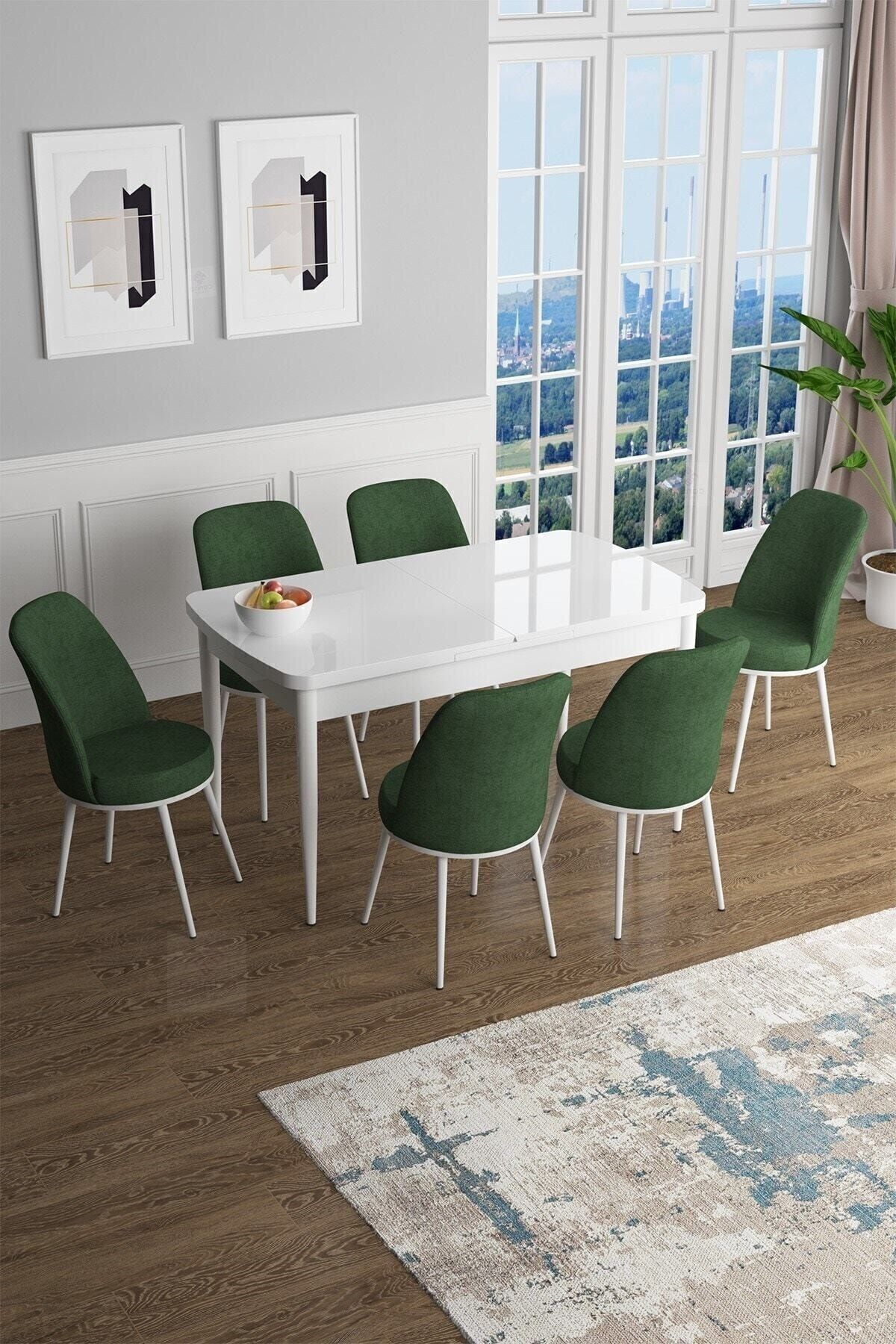 Canisa Concept Han Serisi 70x114, Açılabilir Mdf Mutfak Masa Takımı, Beyaz Masa Ve 6 Haki Yeşil Sandalye