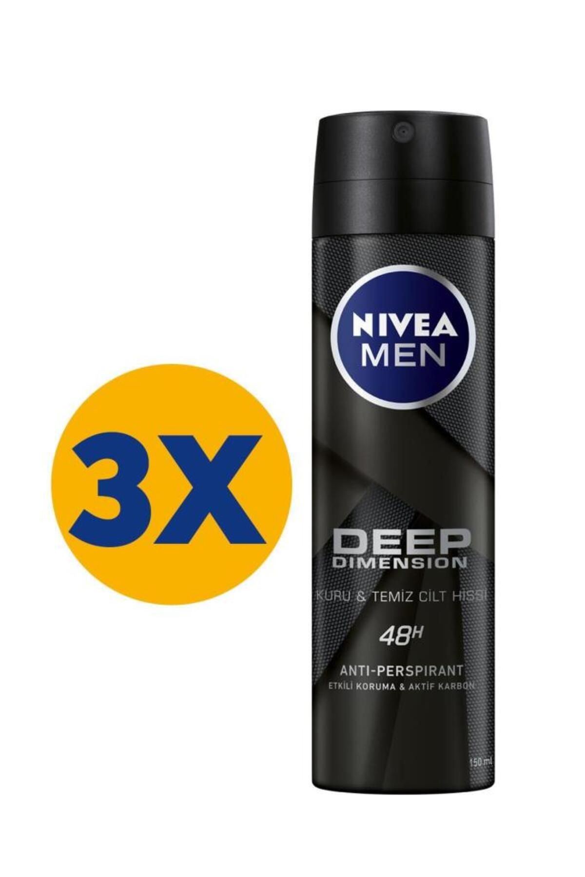 NIVEA MEN Erkek Sprey Deodorant Deep Dimension 150mlx3Adet,48 Saat Anti-perspirant Koruma
