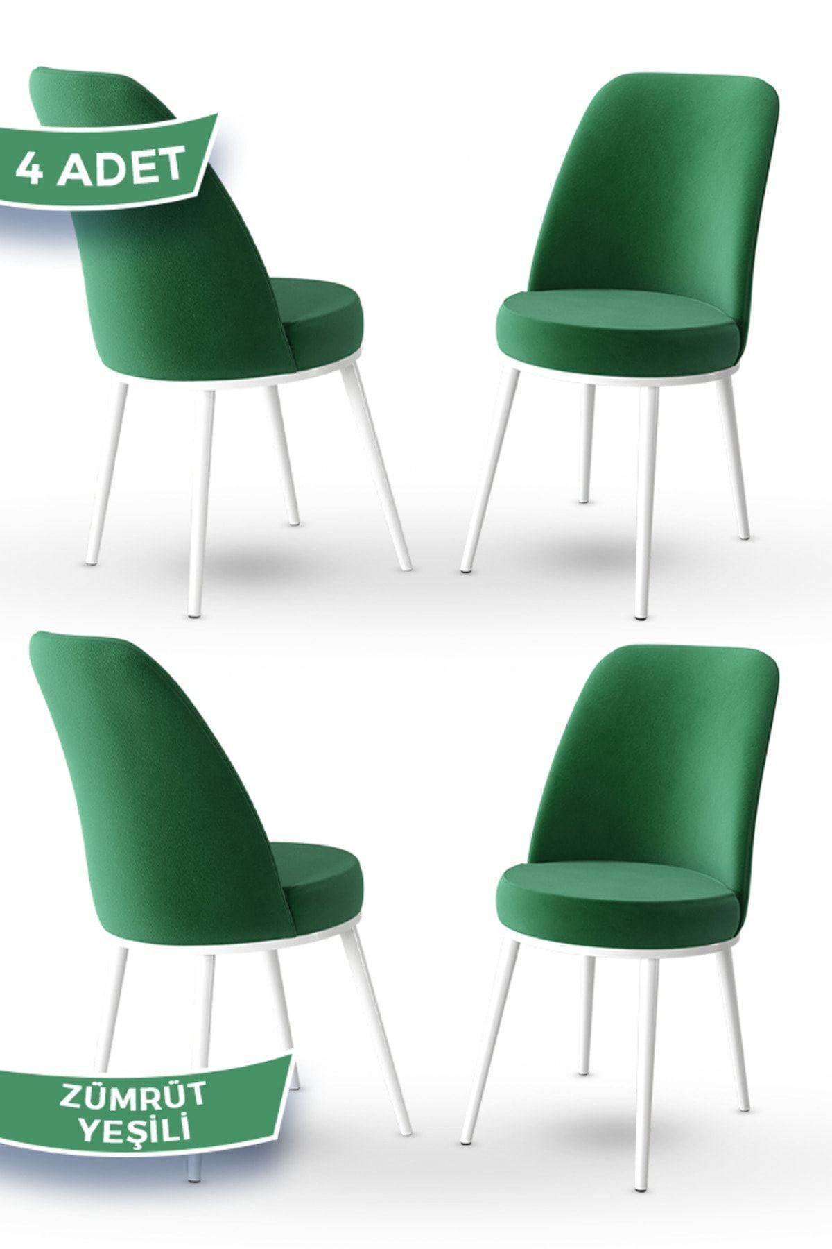 Canisa Jaxe Serisi 4 Adet Zümrüt Yeşili Metal Beyaz İskeletli Mutfak Sandalyesi