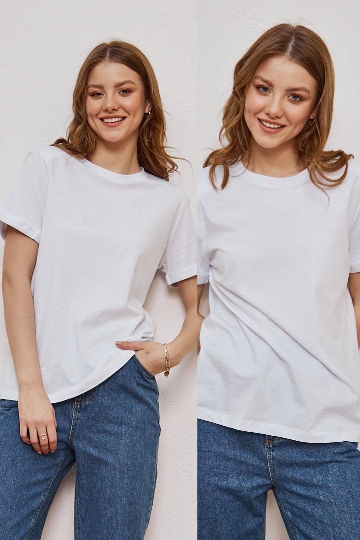 Genel Markalar Kadın Beyaz 2’li Paket Bisiklet Yaka Vatkalı Pamuklu Duble Kol Basic T-shirt