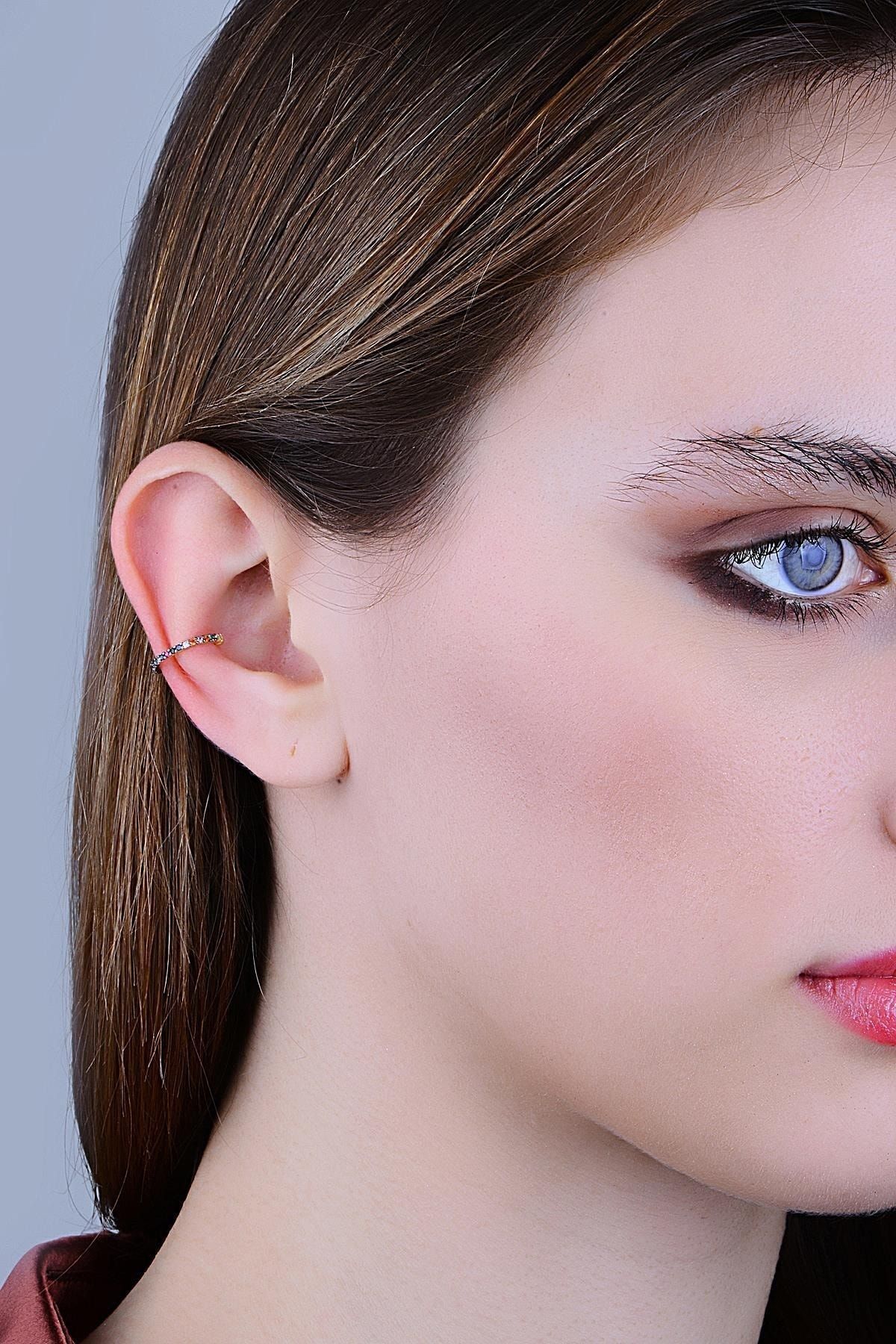 Söğütlü Silver Gümüş Altın Yaldızlı Renkli Taşlı Sıkıştırmalı Kıkırdak Küpe Ear Cuff