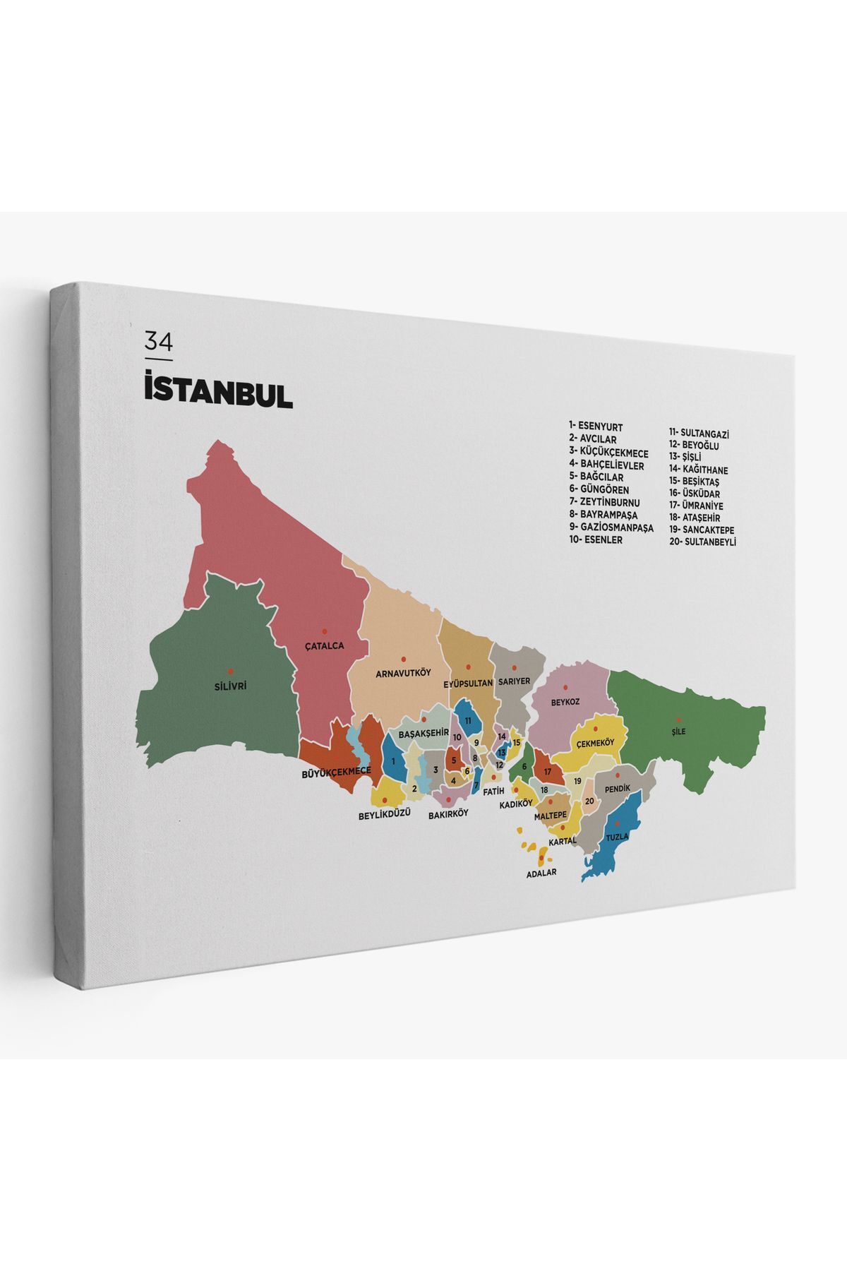 Genel Markalar YB İstanbul  İli ve İlçeler Haritası  Dekoratif Kanvas Tablo 1365