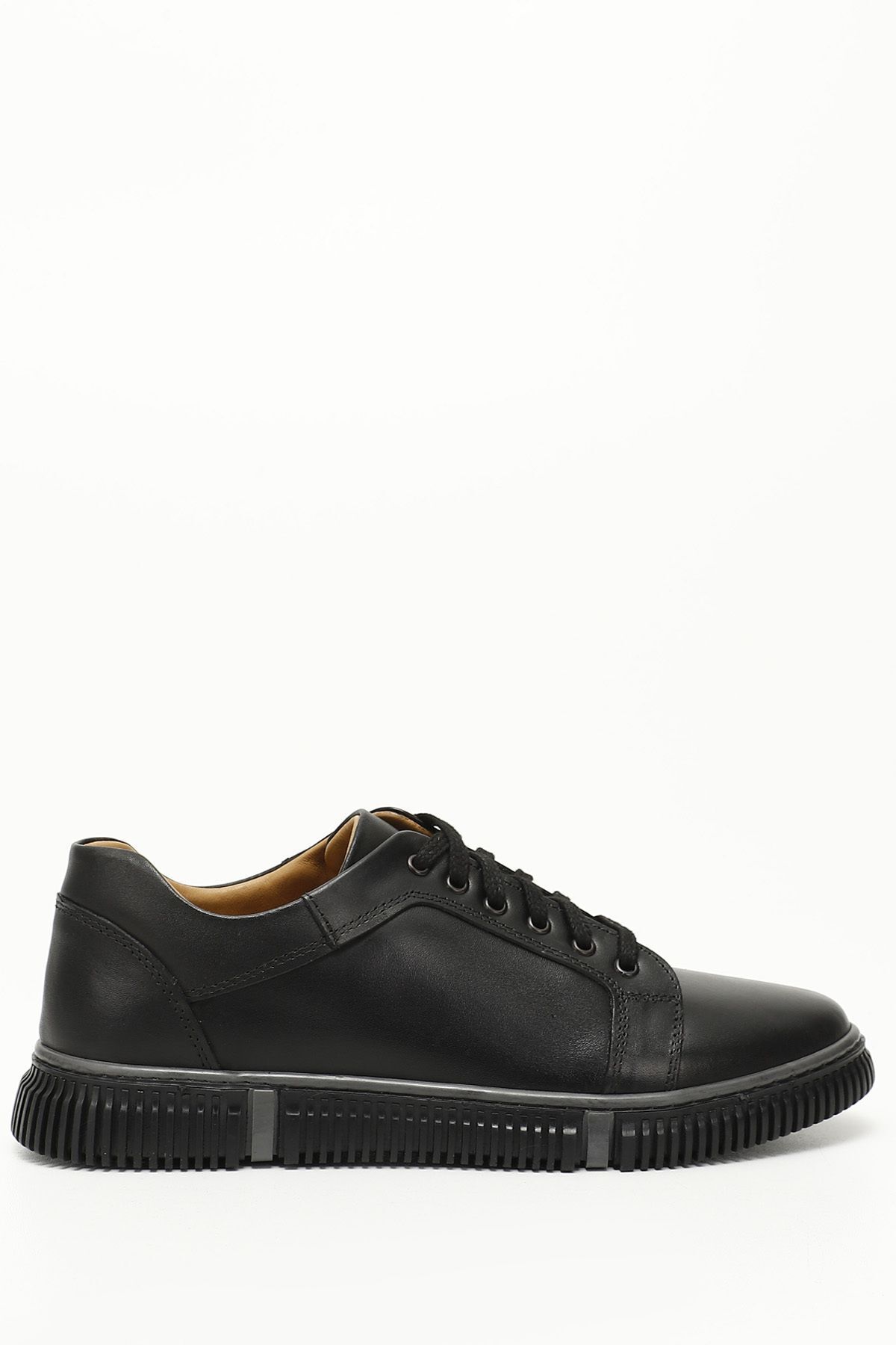 GÖNDERİ(R) Siyah Gön Hakiki Deri Yuvarlak Burun Bağcıklı Günlük Erkek Sneaker 01382