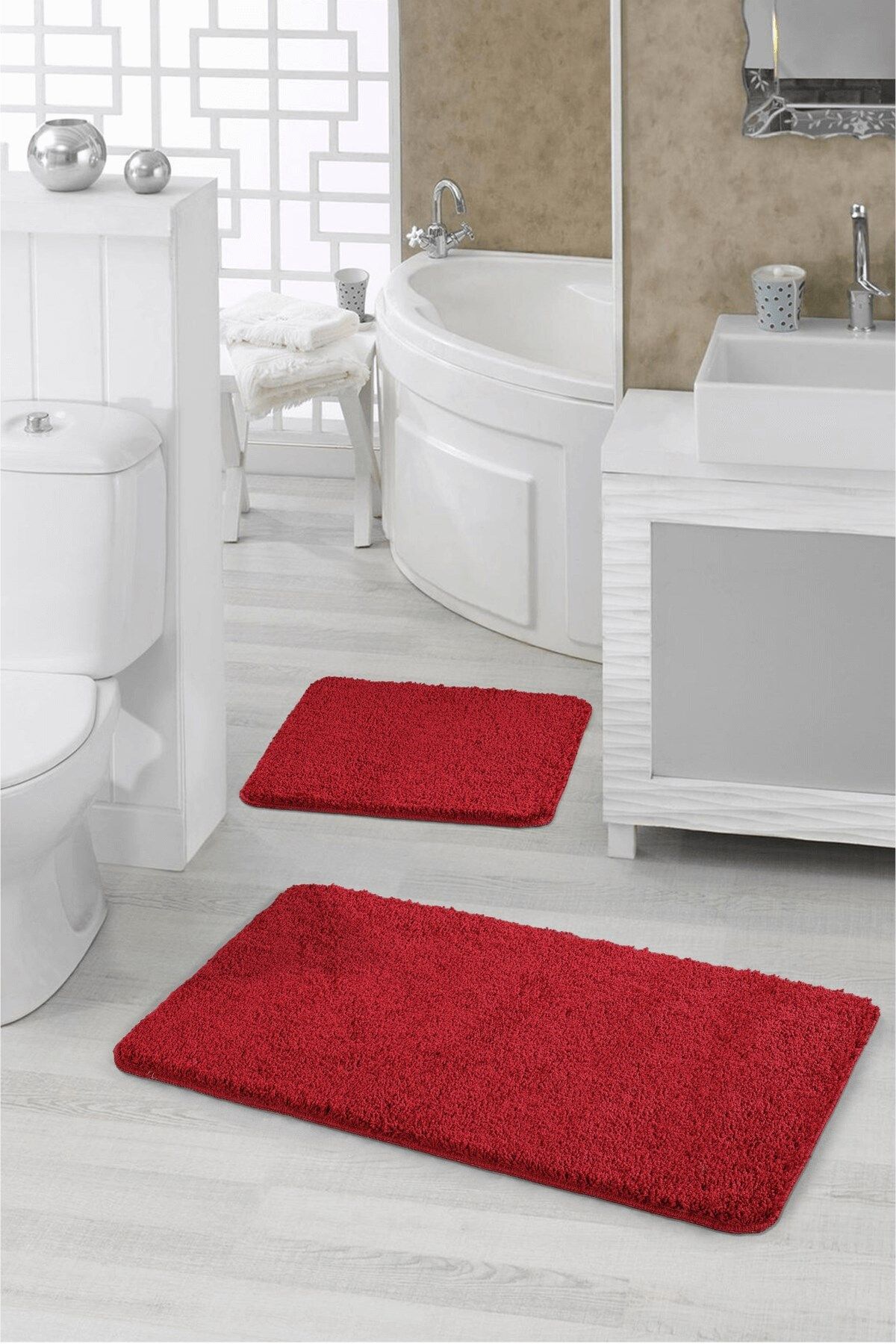 EUROBANO Kırmızı Shaggy Doğal Kaymaz Tabanlı 2'li Set Banyo Halısı Paspas Seti 60x100