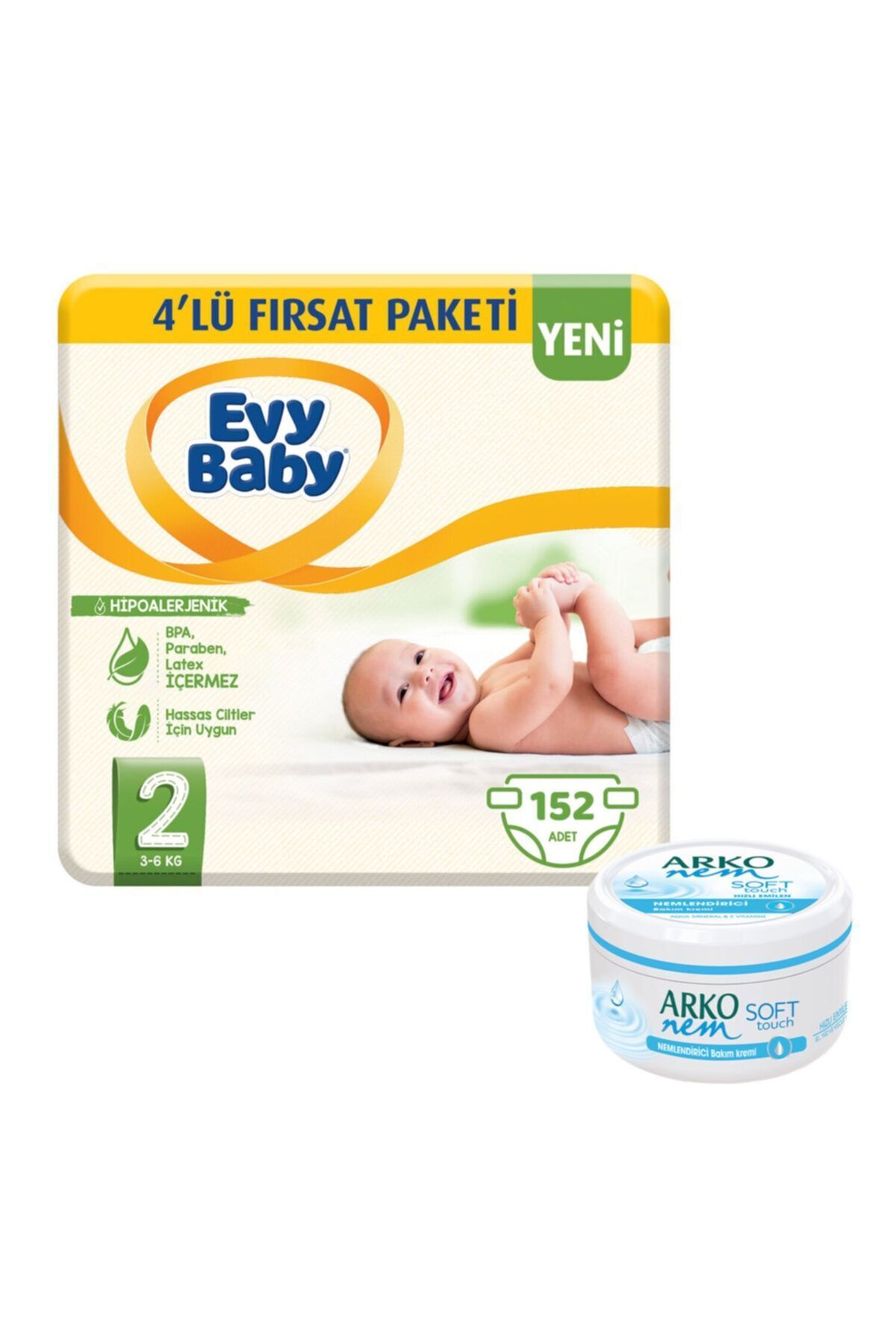 Evy Baby Bebek Bezi 2 Beden Mini 4'lü Fırsat Paketi 152 Adet+soft Touch Krem Hediyeli