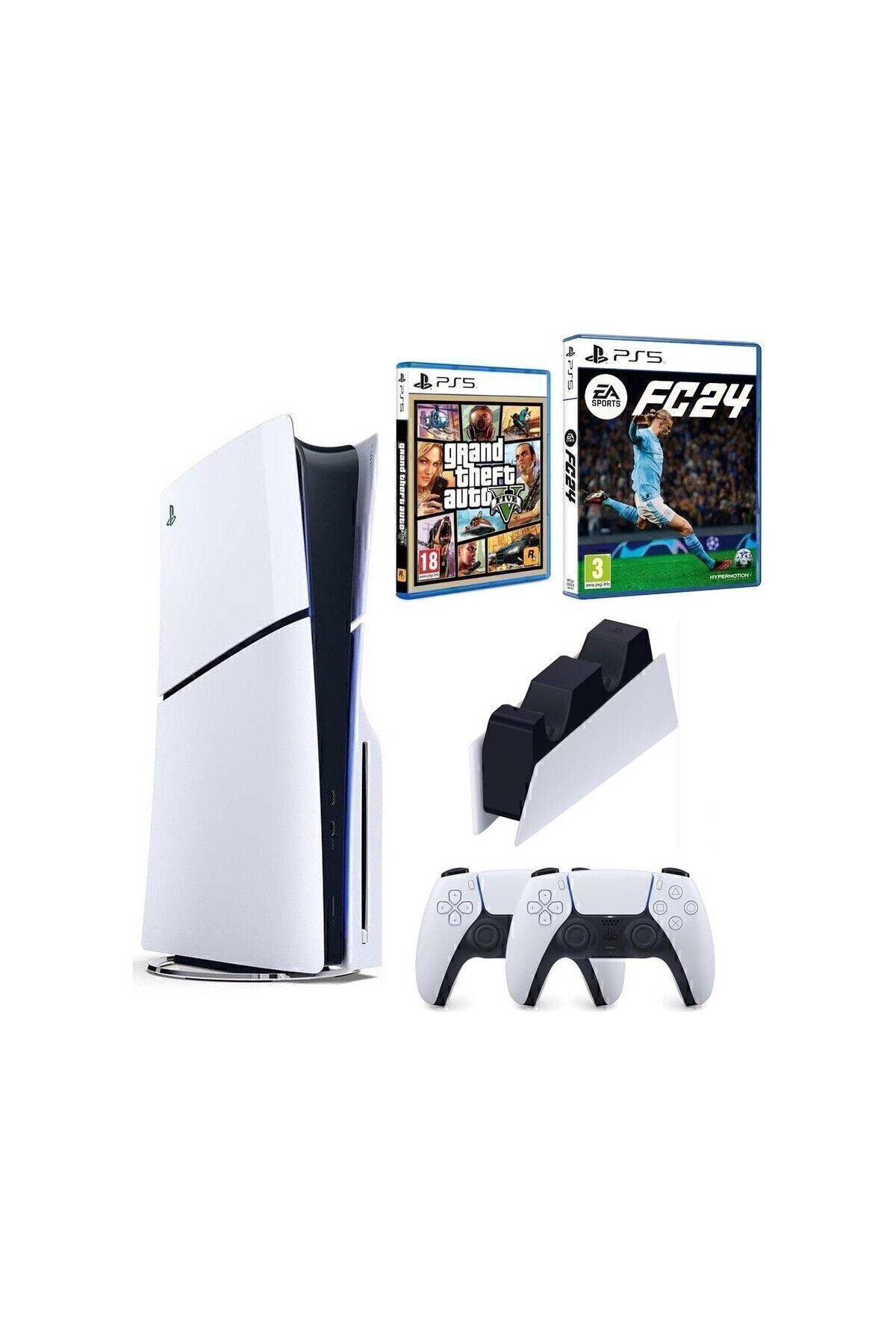 Sony Playstation 5 Slim Standart Edition + 2. PS5 DualSense+ Şarj + Fc 24 + Gta 5 (İthalatçı Garantili)